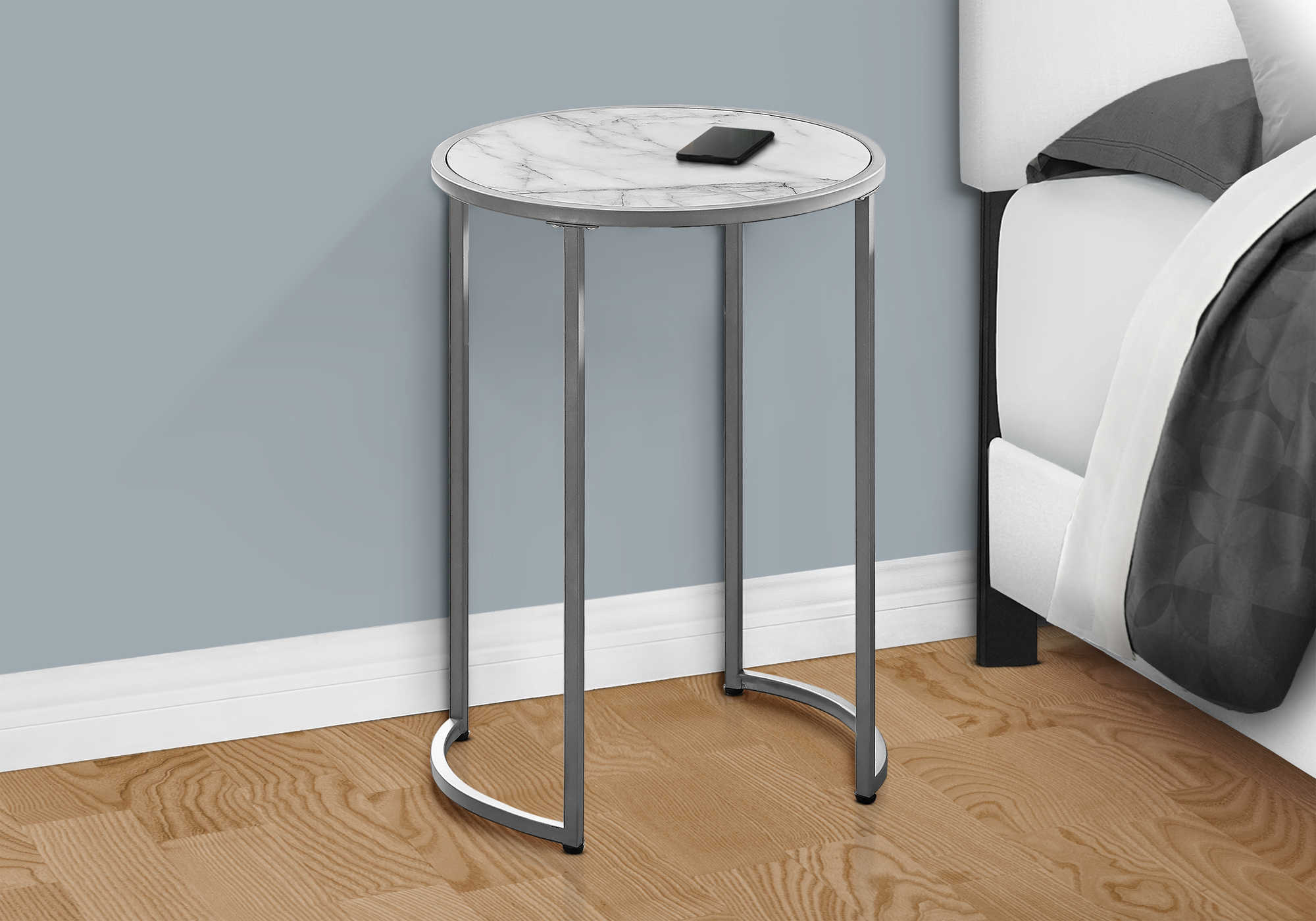 NIGHTSTAND - 24"H / WHITE MARBLE-LOOK / SILVER METAL #I 2205