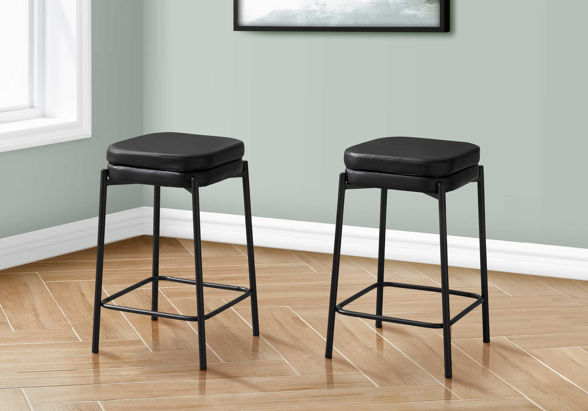 TABOURET DE BAR - 2PCS / PU NOIR / HAUTEUR DE COMPTOIR EN MÉTAL NOIR # I 2225