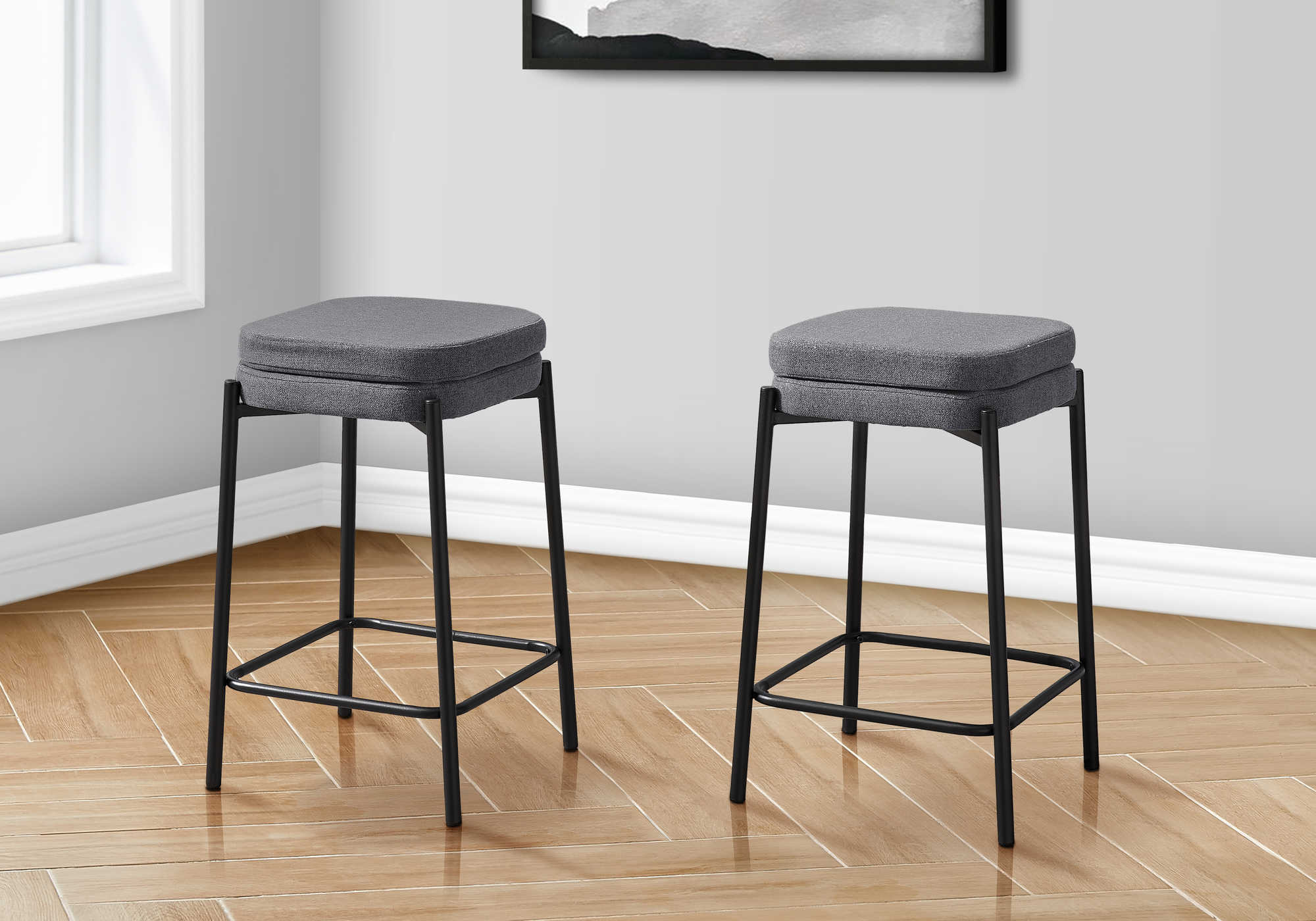 TABOURET DE BAR - 2PCS / TISSU GRIS / HAUTEUR DE COMPTOIR EN MÉTAL NOIR # I 2226