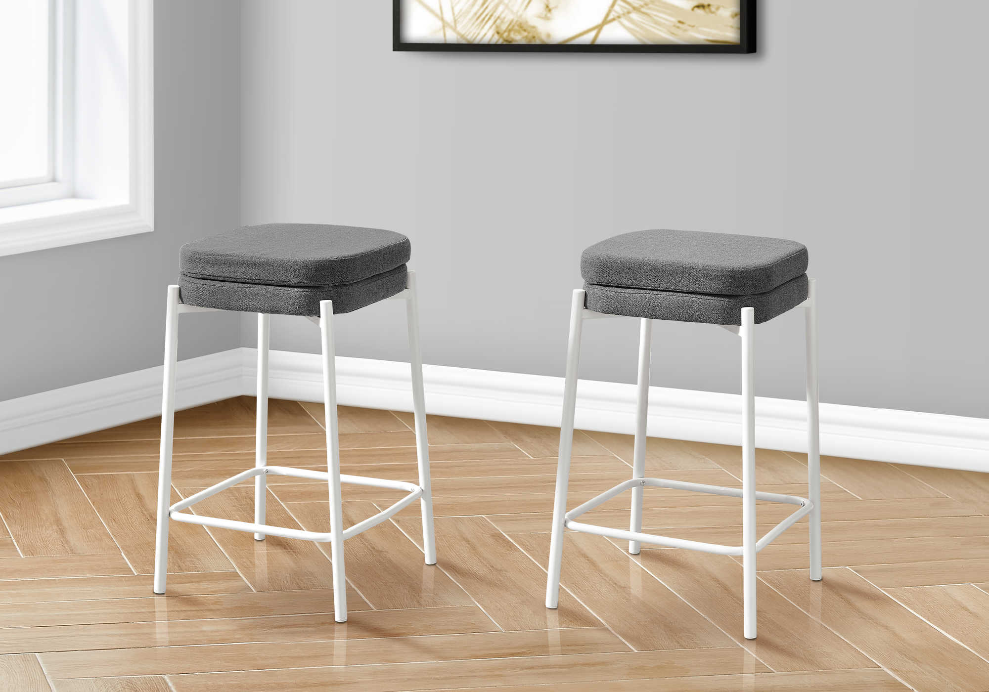 TABOURET DE BAR - 2PCS / TISSU GRIS / HAUTEUR DE COMPTOIR EN MÉTAL BLANC # I 2227