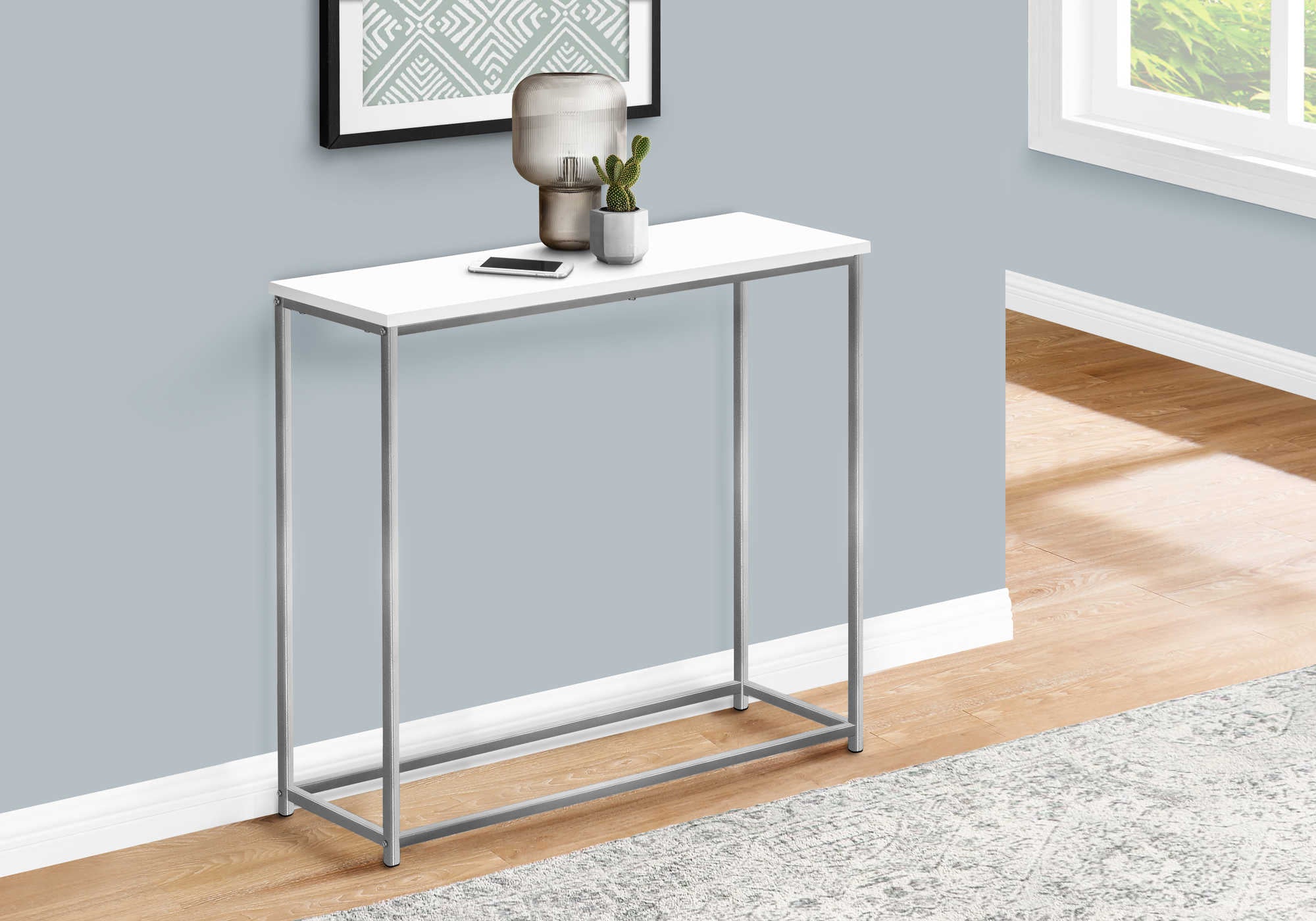 TABLE D'APPOINT - 32"L / CONSOLE EN MÉTAL BLANC / ARGENT #I 2256