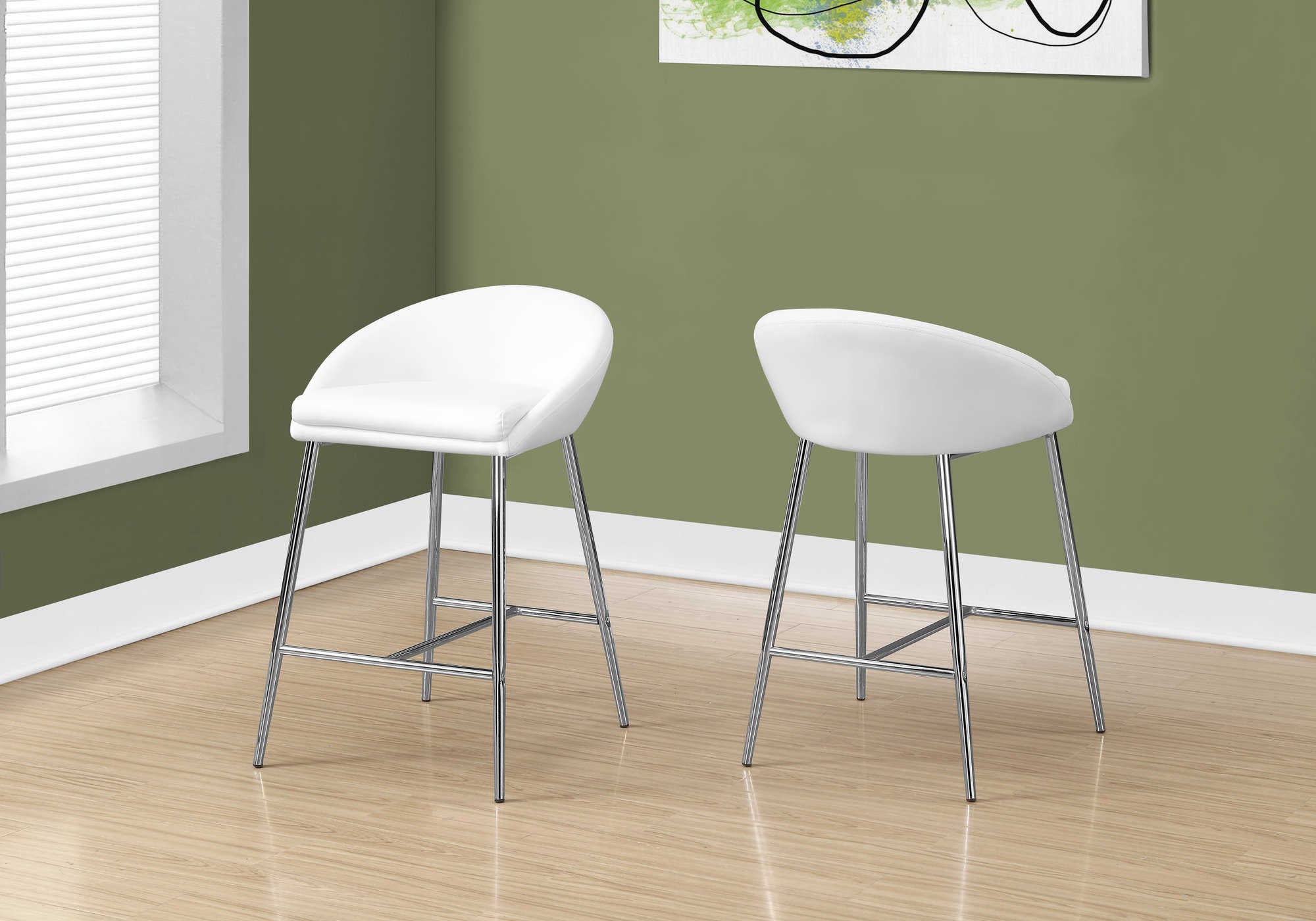 TABOURET DE BAR - 2PCS / BLANC / BASE CHROMÉE / HAUTEUR DE COMPTOIR # I 2296