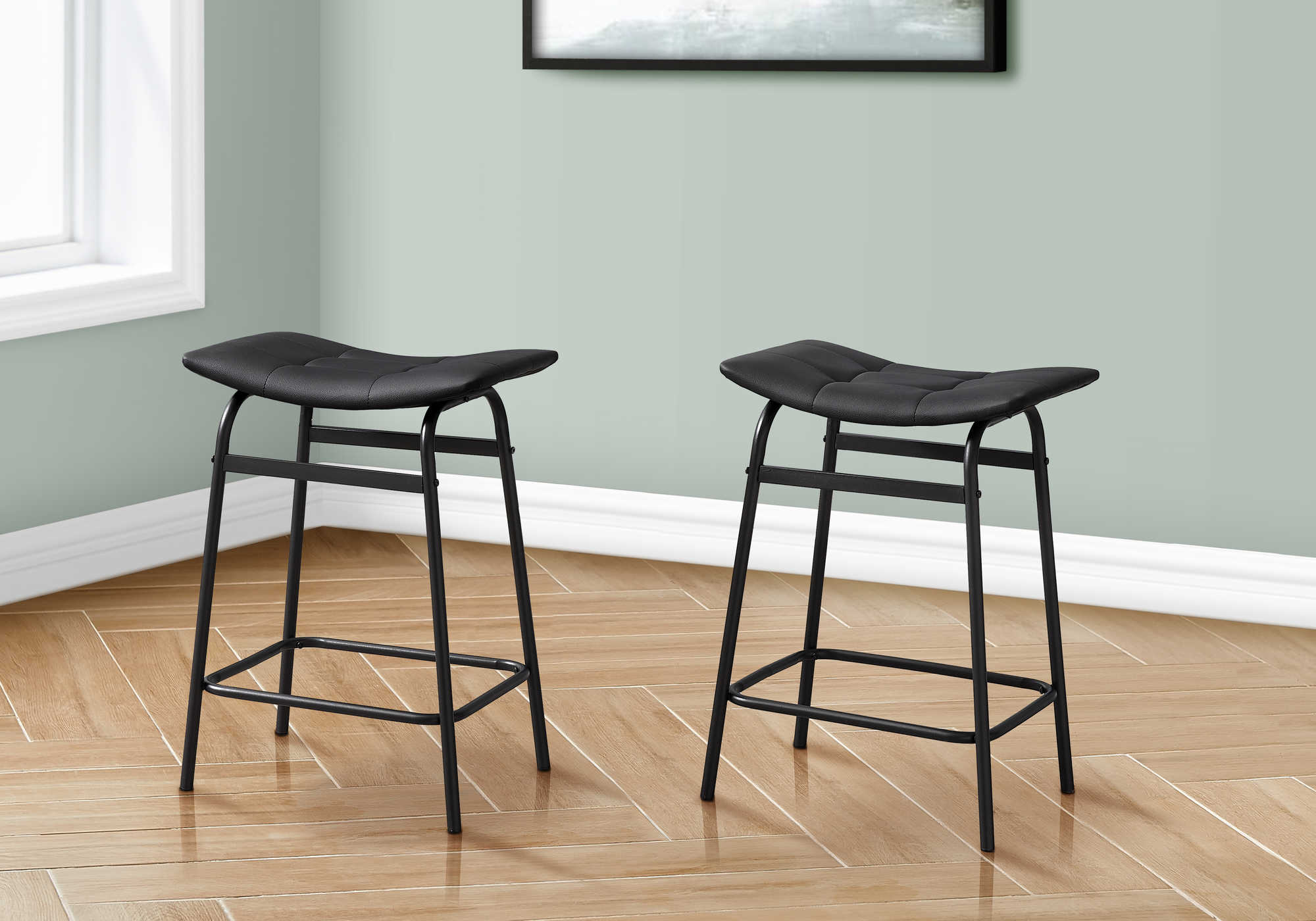 TABOURET DE BAR - 2PCS / PU NOIR / HAUTEUR DE COMPTOIR EN MÉTAL NOIR # I 2384