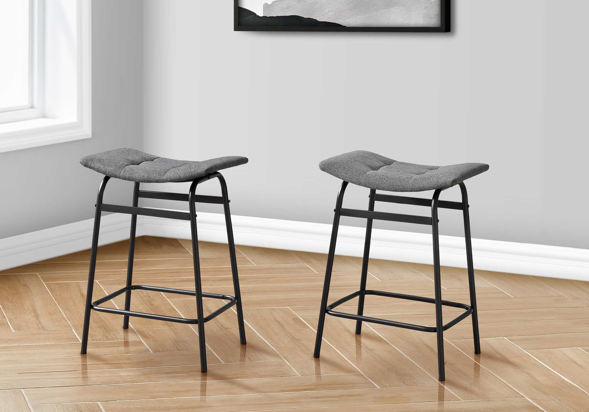 TABOURET DE BAR - 2PCS / TISSU GRIS / HAUTEUR DE COMPTOIR EN MÉTAL NOIR # I 2385