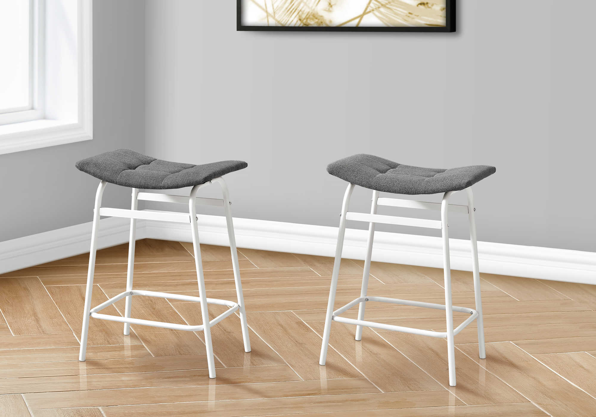 TABOURET DE BAR - 2PCS / TISSU GRIS / HAUTEUR DE COMPTOIR EN MÉTAL BLANC # I 2387