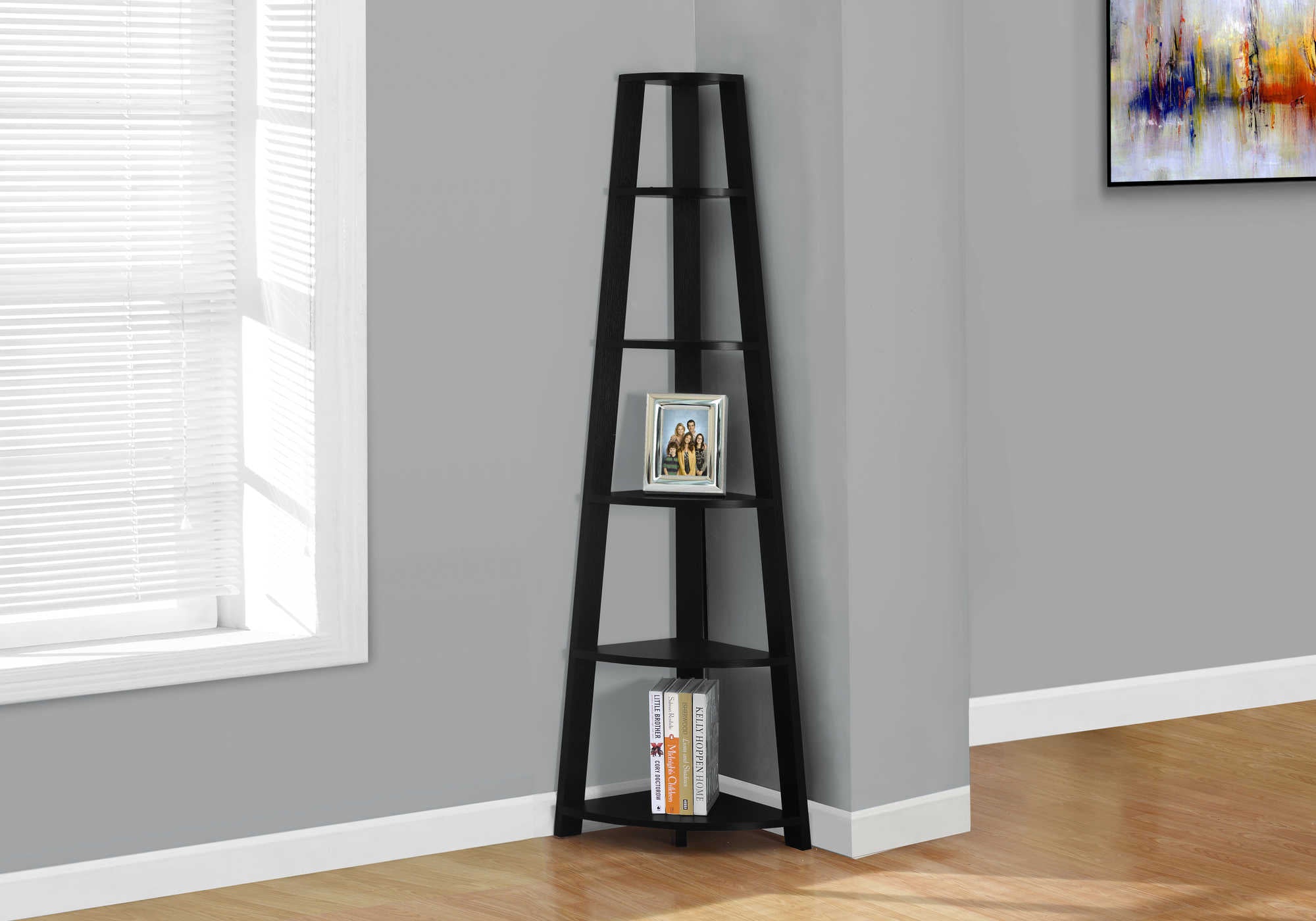 BOOKCASE - 72"H / BLACK CORNER ACCENT ETAGERE # I 2499
