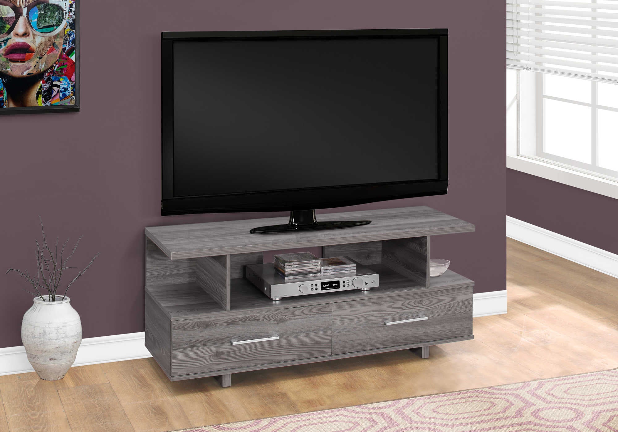 TV STAND - 48"L / GREY WITH 2 STORAGE DRAWERS # I 2608