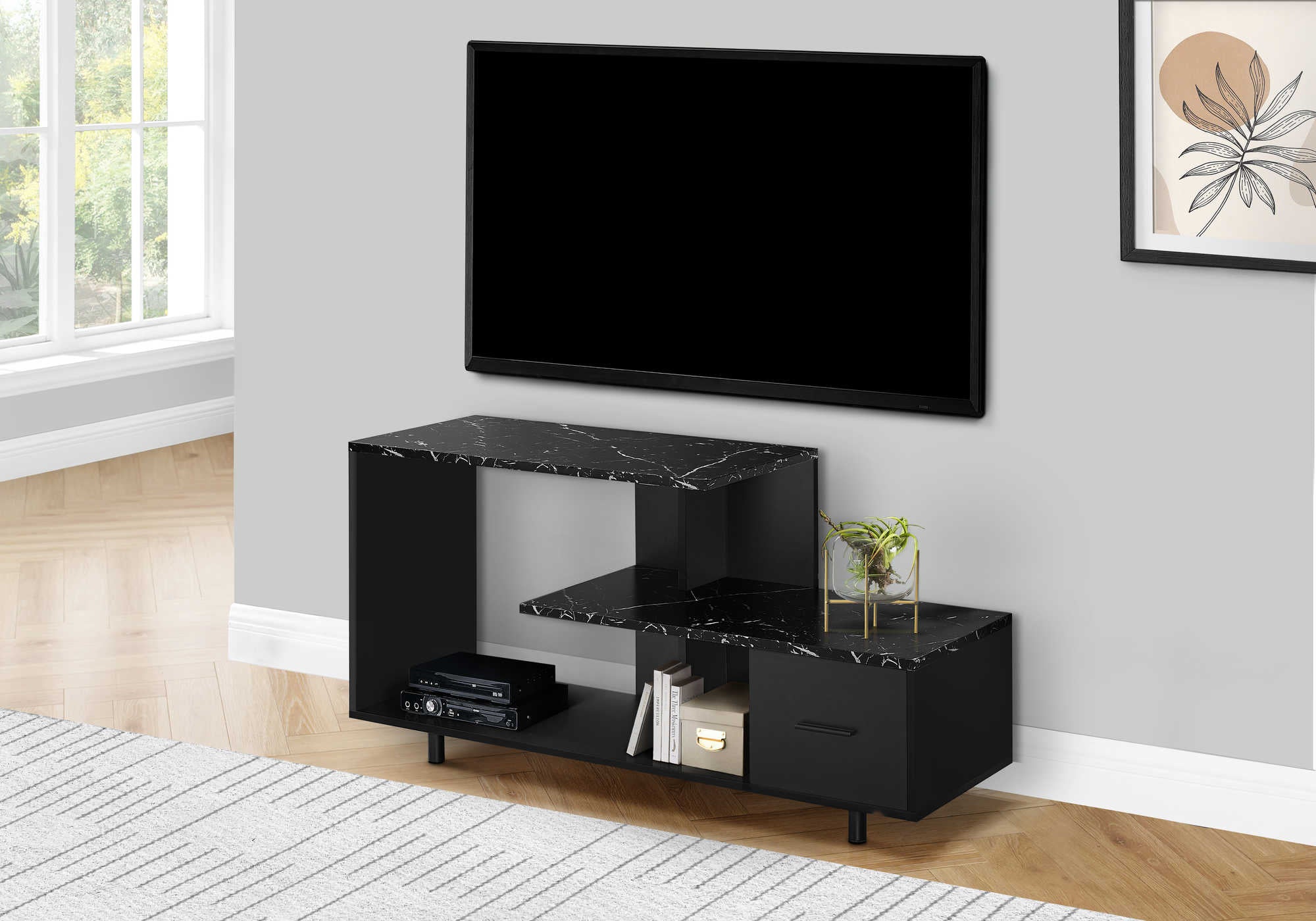 MEUBLE TV - 48"L / NOIR / DESSUS EN MARBRE NOIR / 1 TIROIR # I 2610