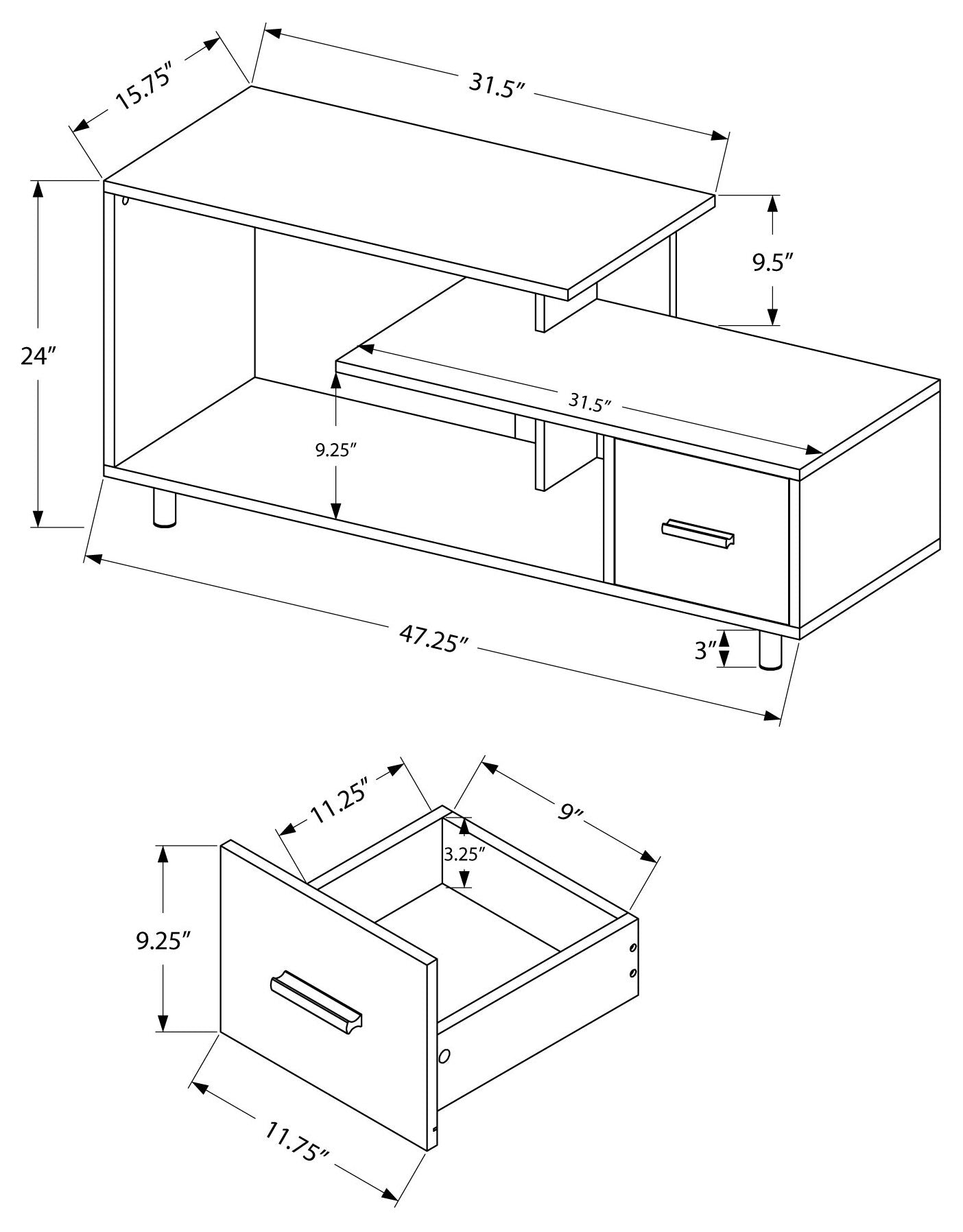 MEUBLE TV - 48"L / NOIR / DESSUS EN MARBRE NOIR / 1 TIROIR # I 2610