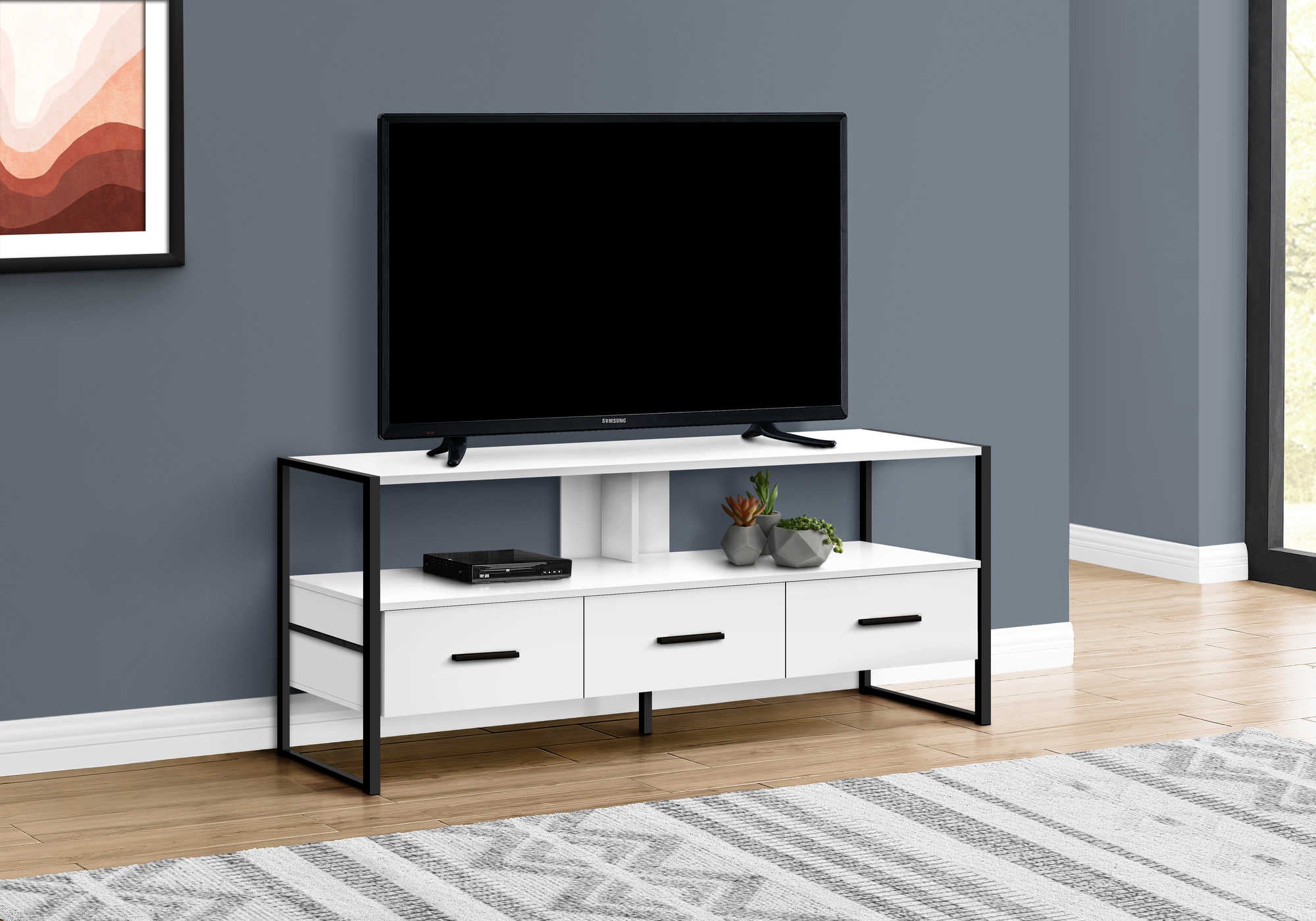 TV STAND - 48"L / WHITE / BLACK METAL # I 2615