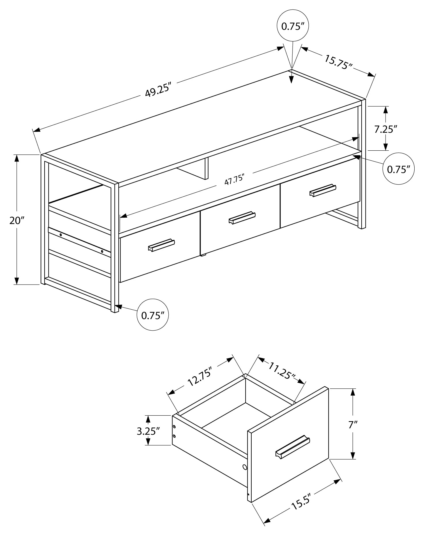 TV STAND - 48"L / WHITE / BLACK METAL # I 2615