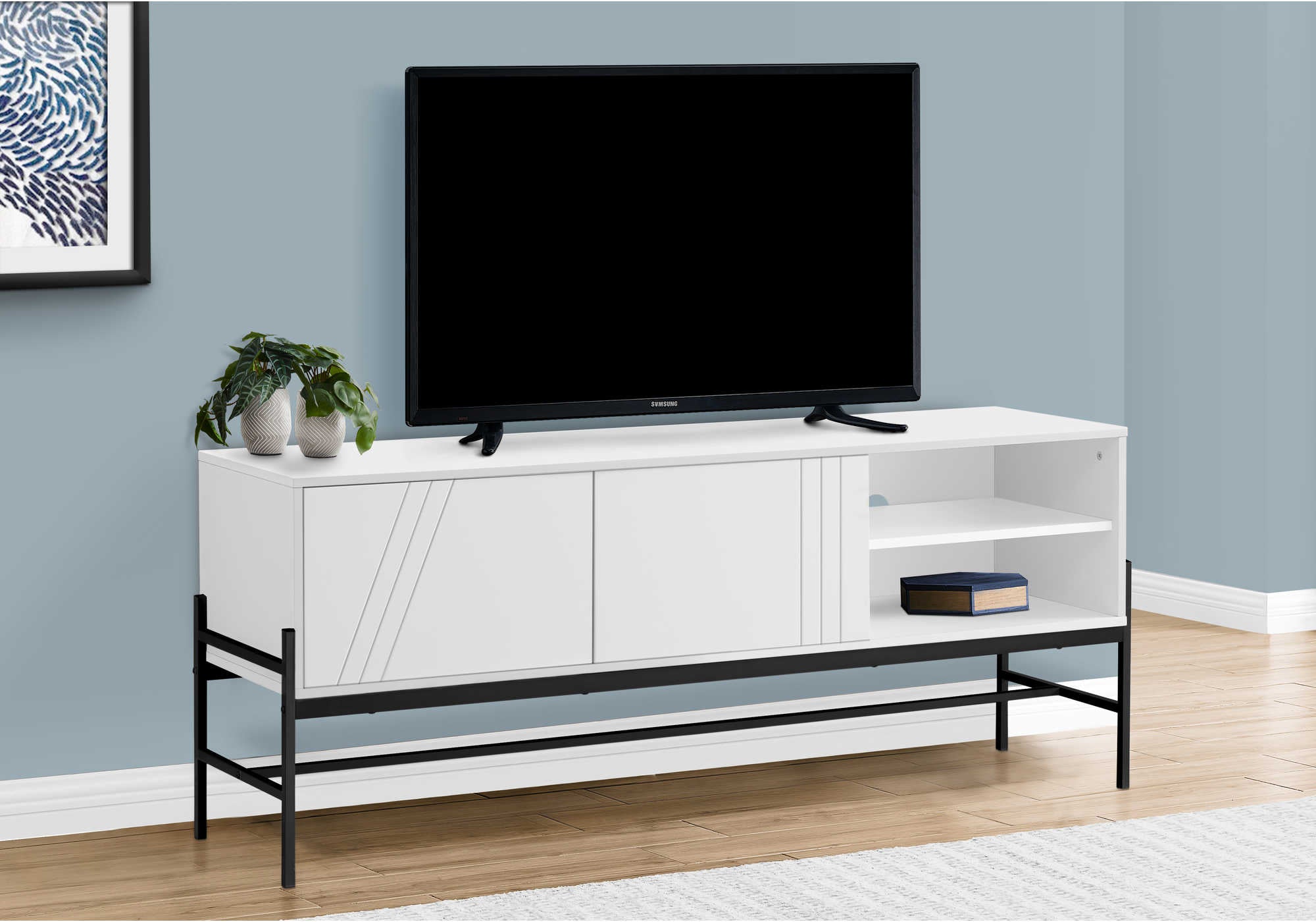 TV STAND - 60"L / WHITE / BLACK METAL WITH STORAGE # I 2738