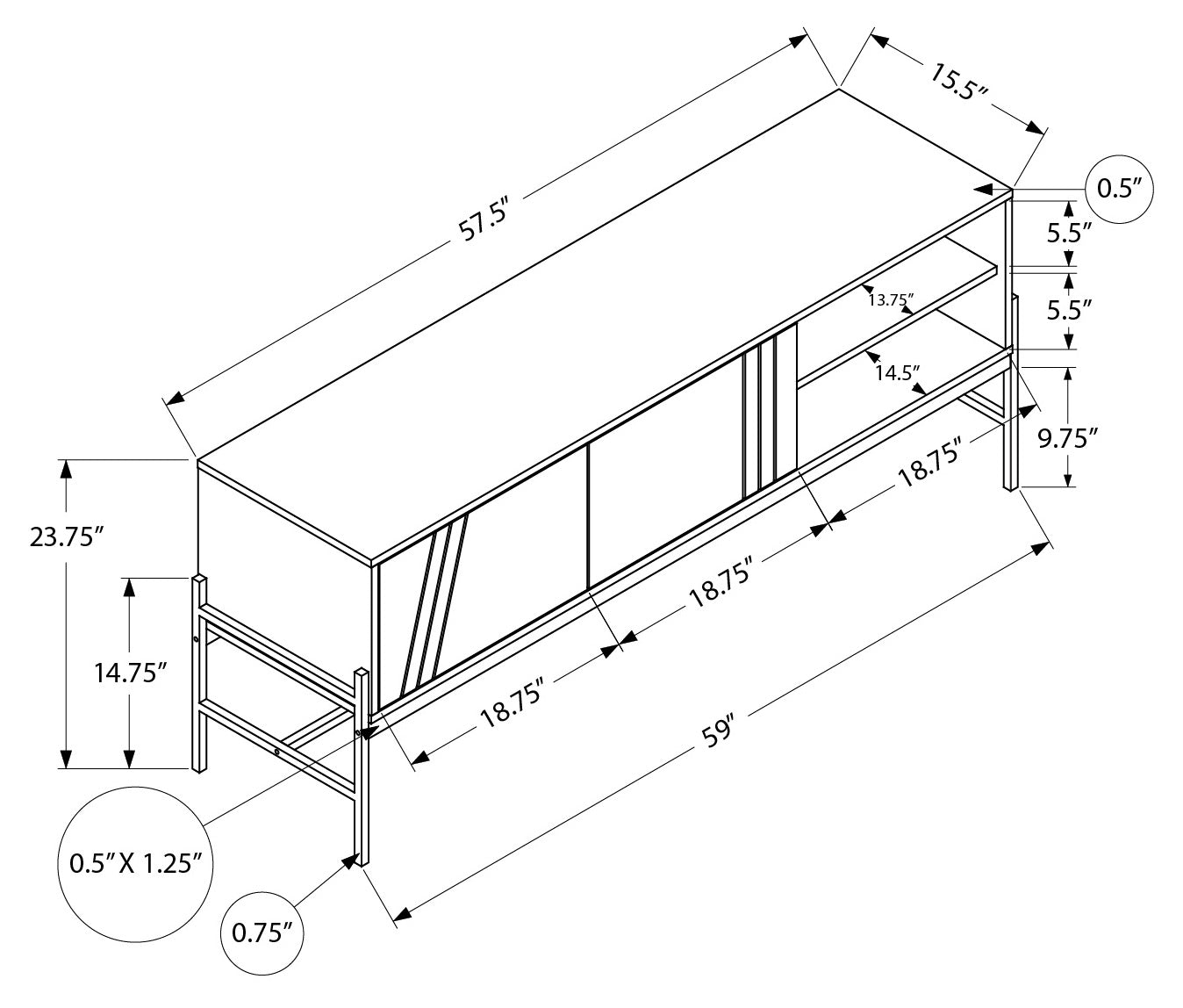 TV STAND - 60"L / WHITE / BLACK METAL WITH STORAGE # I 2738