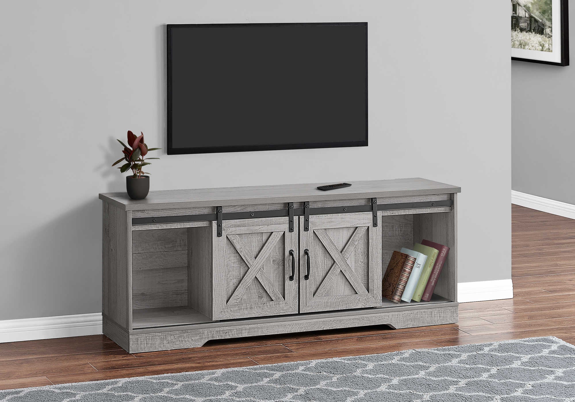 TV STAND - 60"L / GREY WITH 2 SLIDING DOORS # I 2747