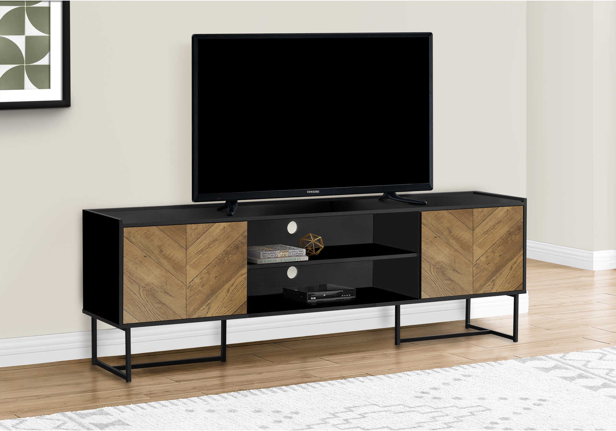 TV STAND - 72"L / BLACK  / METAL WITH 2 WOOD-LOOK DOORS # I 2752