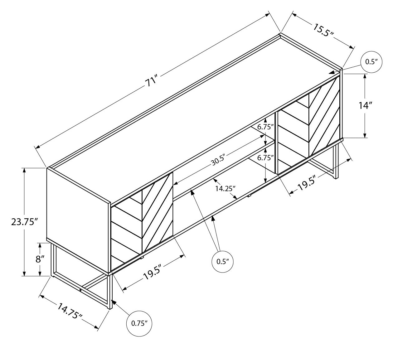 MEUBLE TV - 72"L / NOIR / MÉTAL AVEC 2 PORTES ASPECT BOIS # I 2752