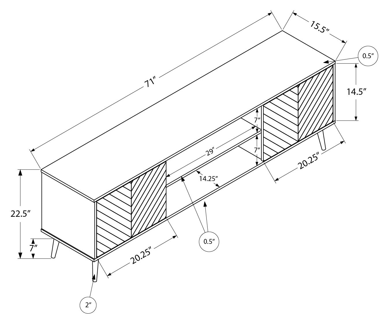 MEUBLE TÉLÉVISEUR - 72"L / NOIR AVEC 2 PORTES ASPECT BOIS # I 2781