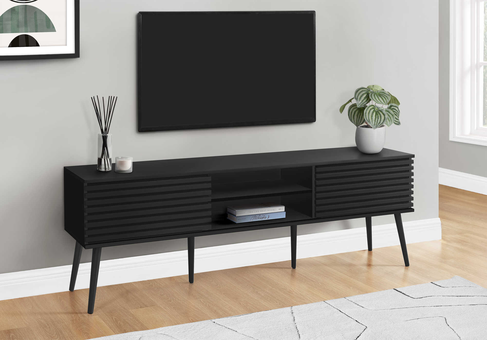 TV STAND - 72"L / BLACK WITH 2 DOORS # I 2783