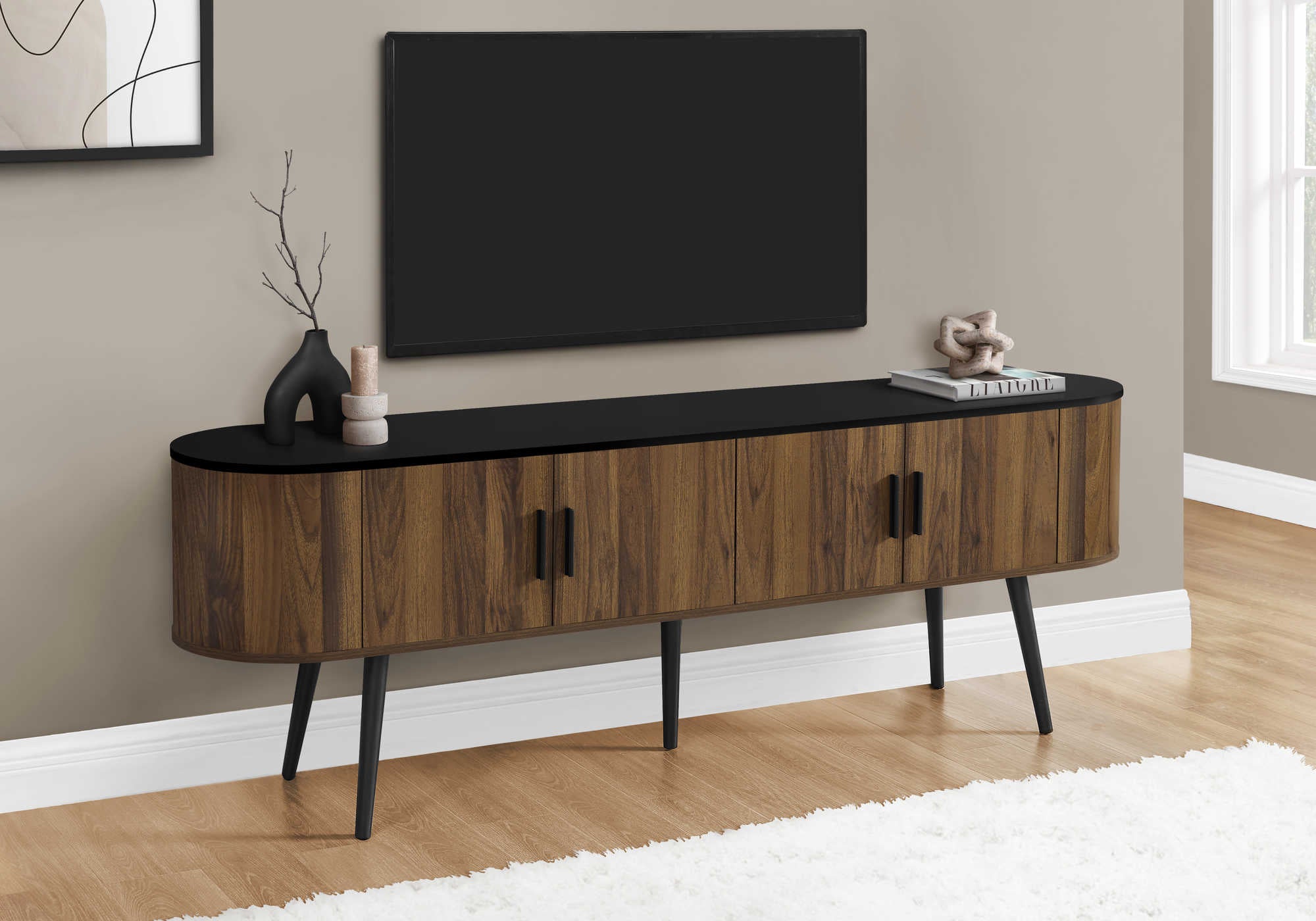 TV STAND - 72"L / BLACK WITH 4 BROWN WOOD-LOOK DOORS # I 2798