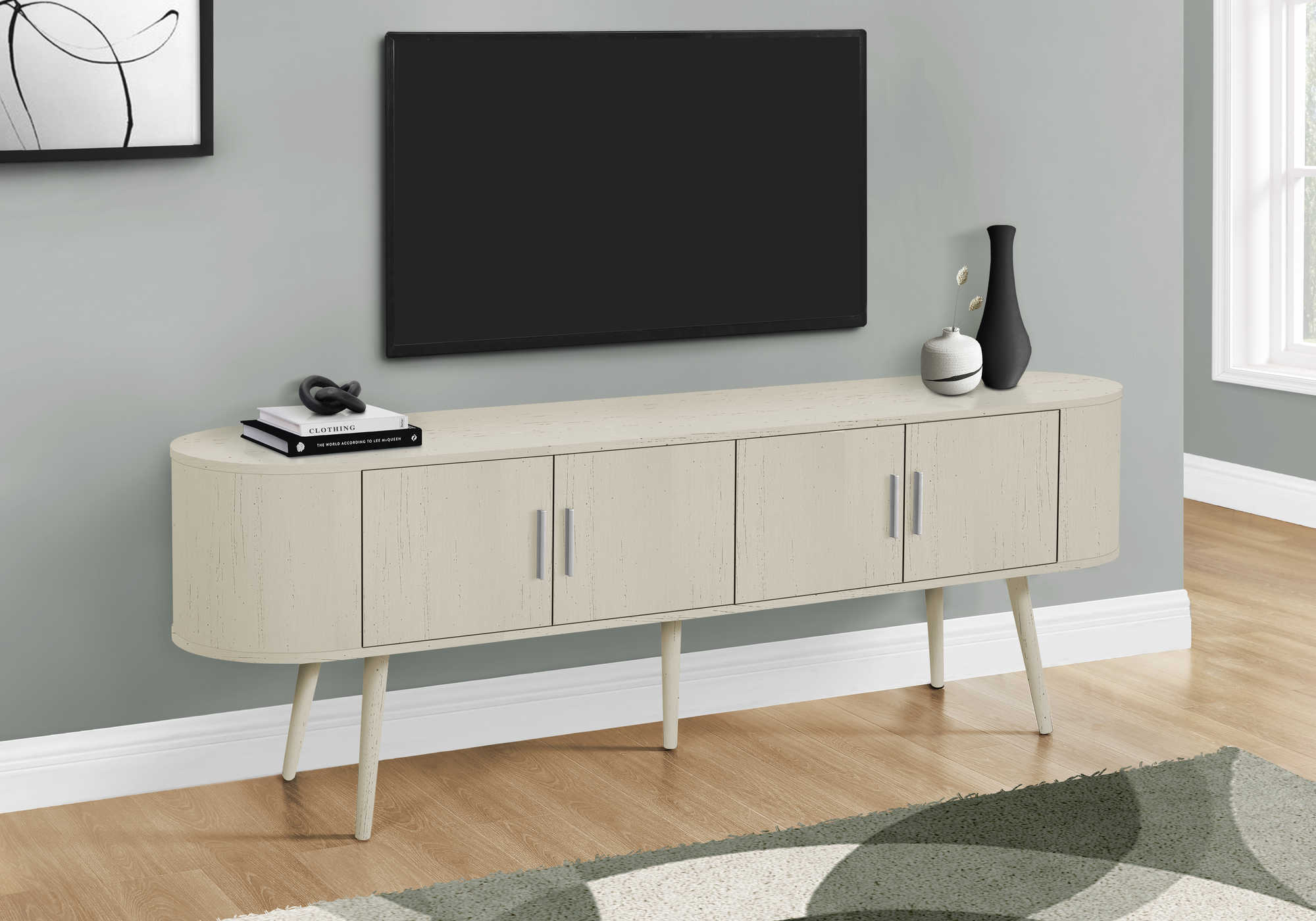 TV STAND - 72"L / ANTIQUE WHITE WITH 4 DOORS # I 2799