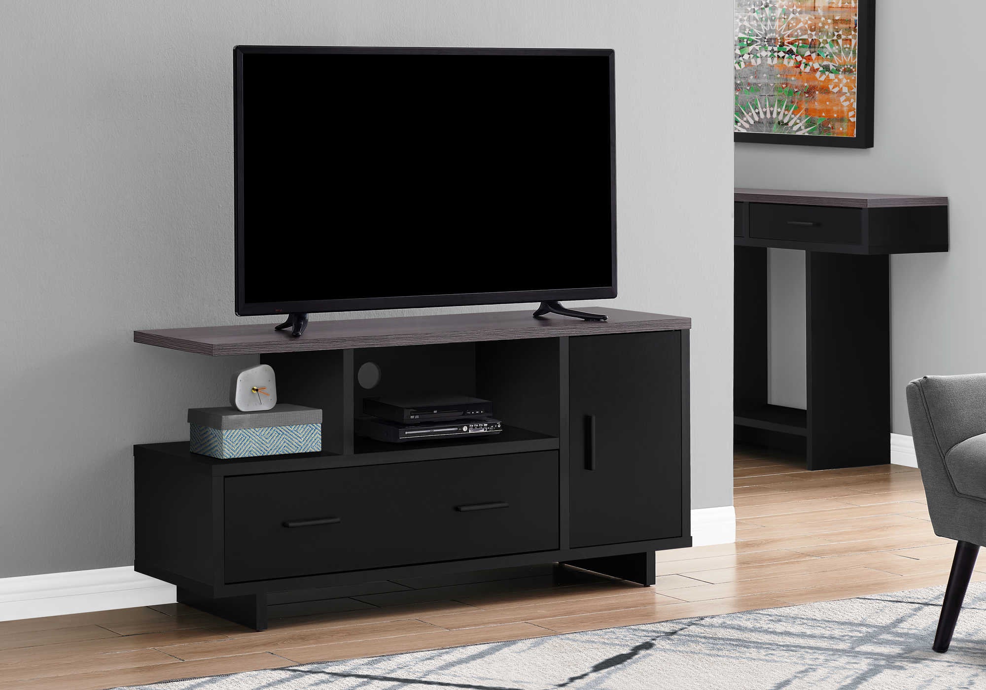 TV STAND - 48"L / BLACK / GREY TOP WITH STORAGE # I 2801