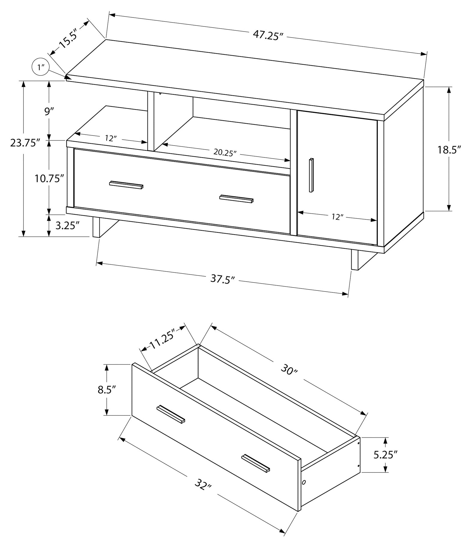 TV STAND - 48"L / BLACK / GREY TOP WITH STORAGE # I 2801