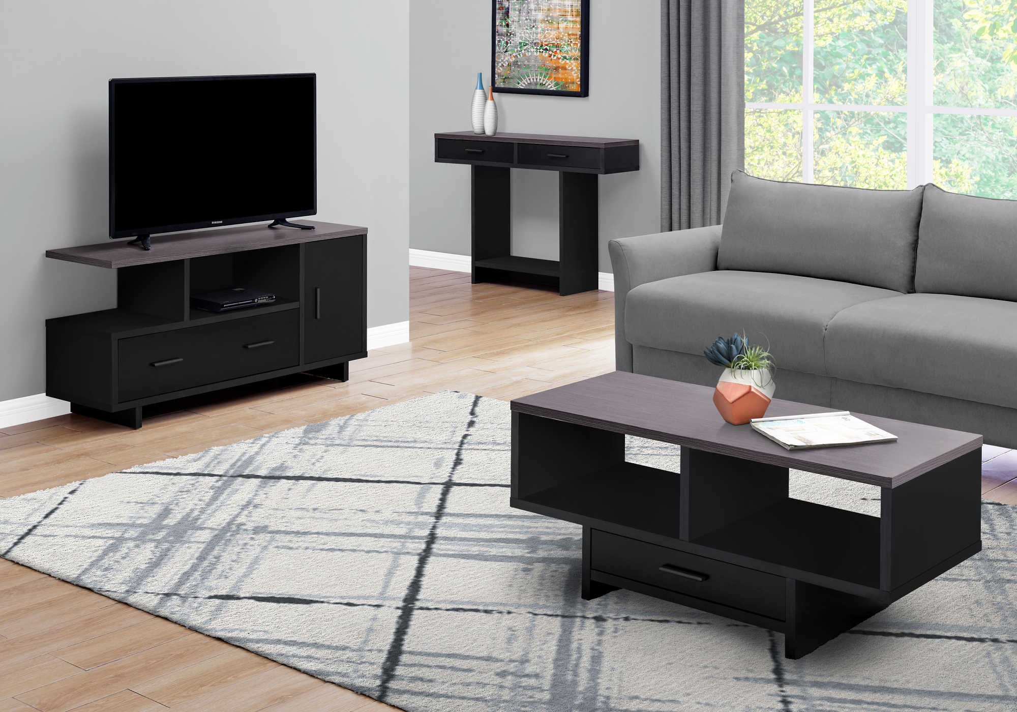 TV STAND - 48"L / BLACK / GREY TOP WITH STORAGE # I 2801