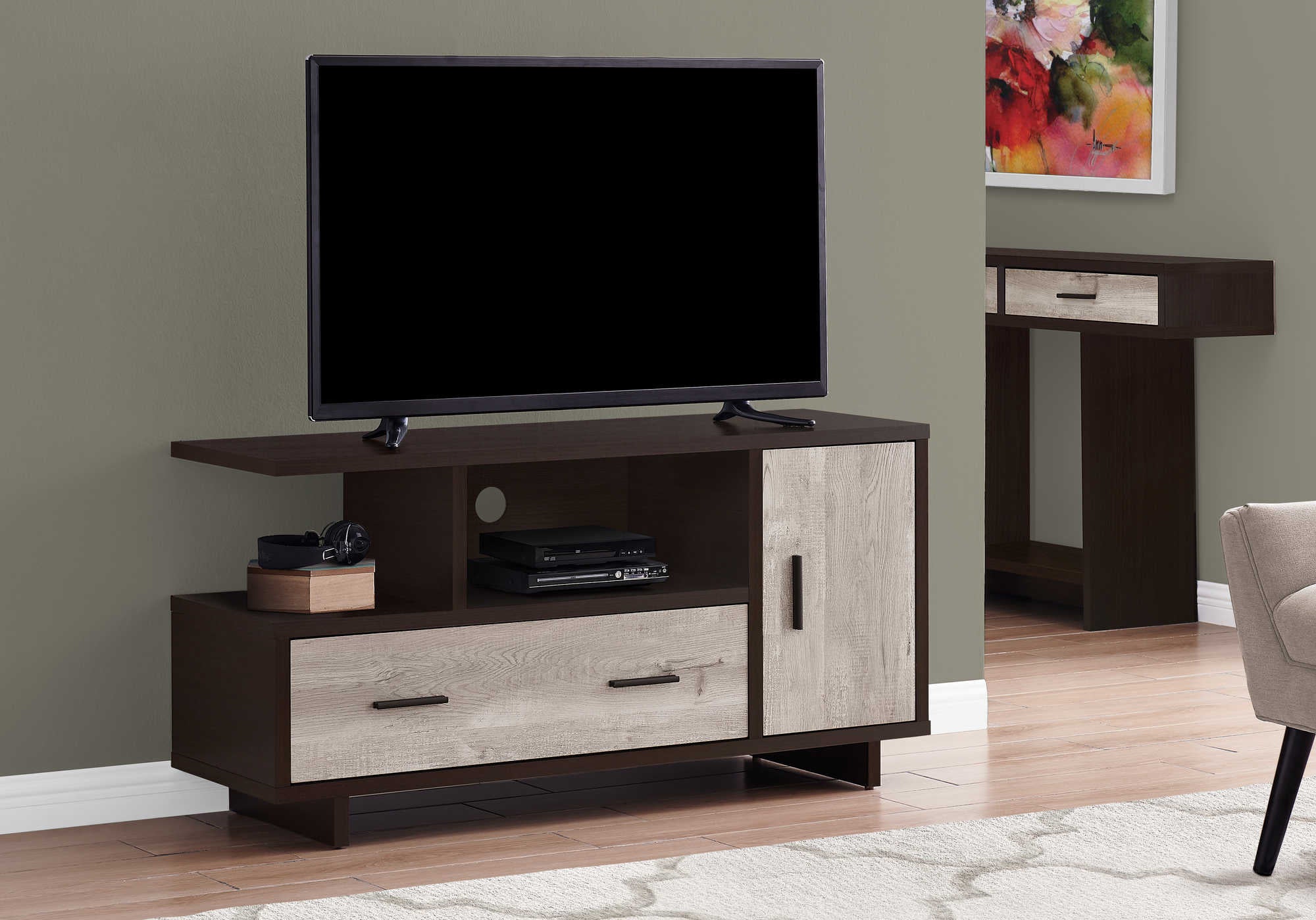 TV STAND - 48"L / ESPRESSO / TAUPE RECLAIMED WOOD-LOOK # I 2805