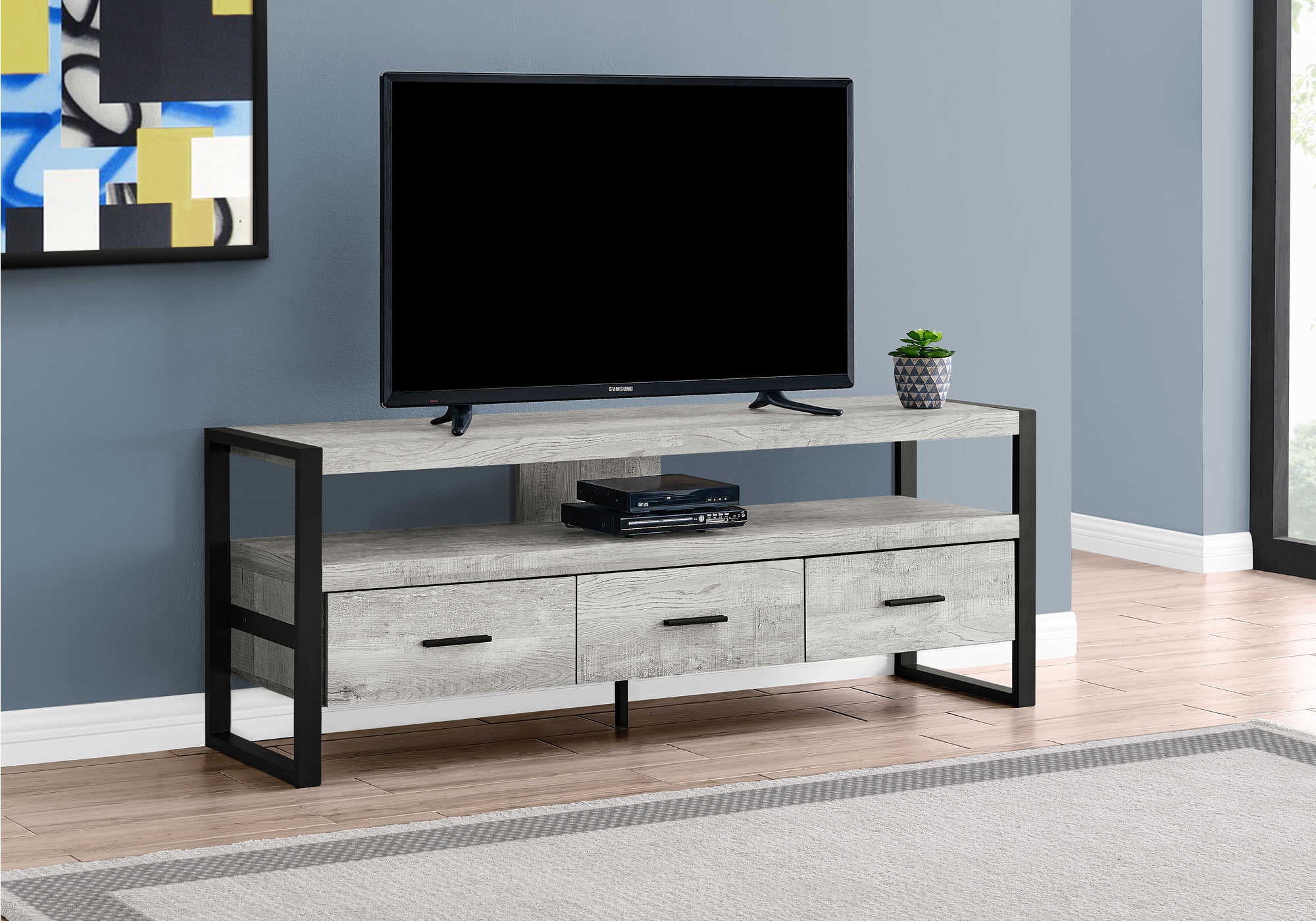 TV STAND - 60"L / GREY RECLAIMED WOOD-LOOK / 3 DRAWERS # I 2821