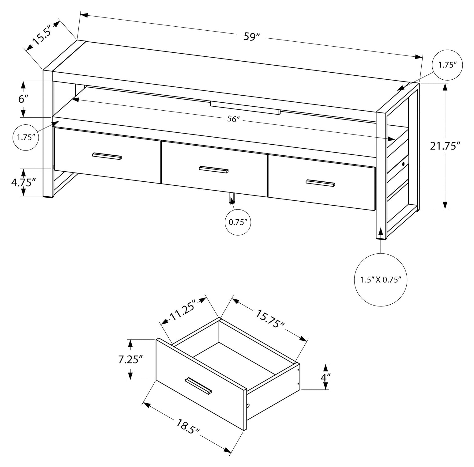 TV STAND - 60"L / GREY RECLAIMED WOOD-LOOK / 3 DRAWERS # I 2821