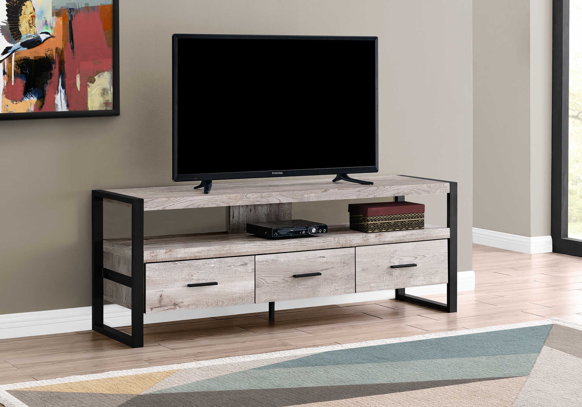 TV STAND - 60"L / TAUPE RECLAIMED WOOD-LOOK / 3 DRAWERS # I 2822