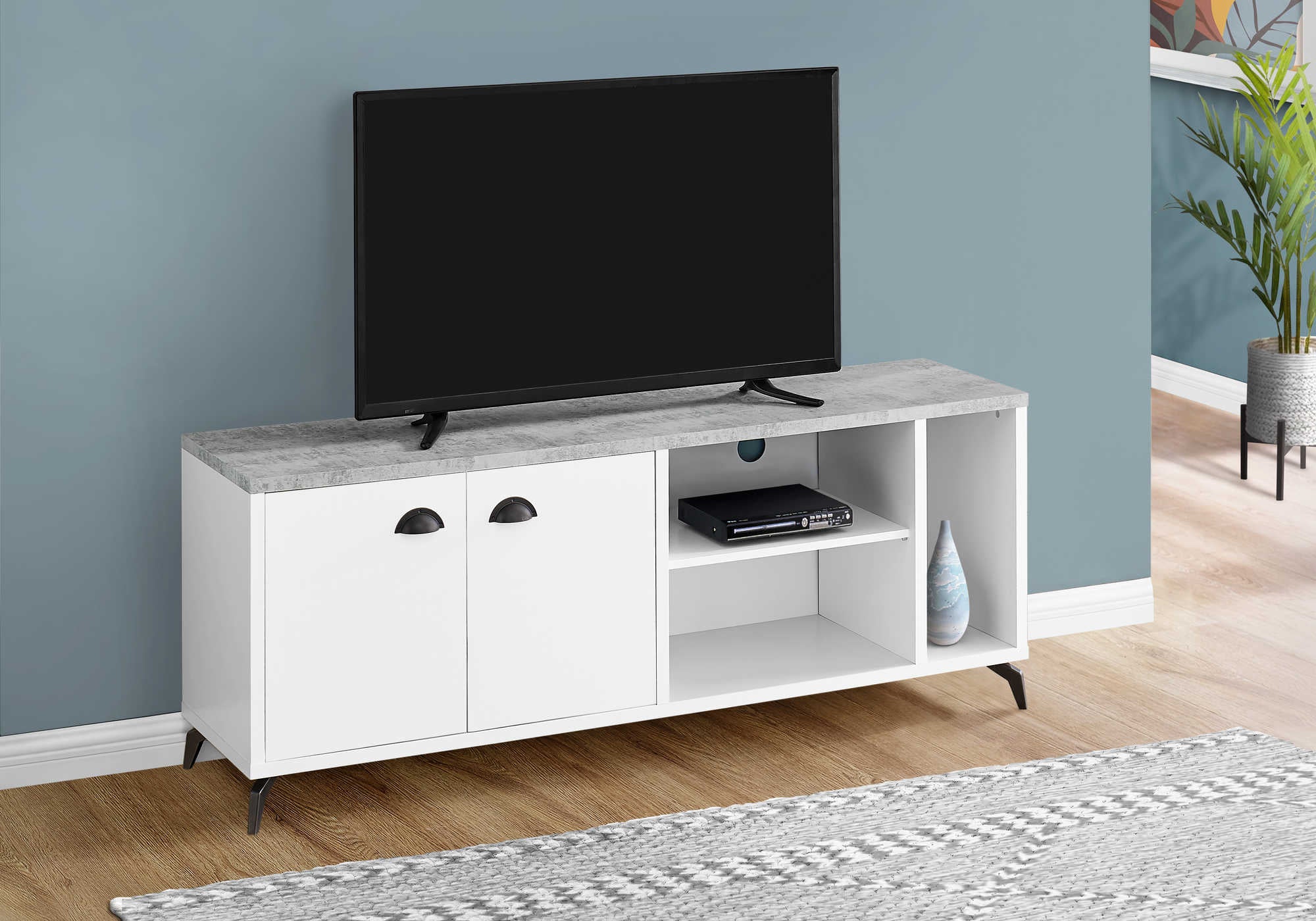 TV STAND - 60"L / WHITE / GREY CEMENT-LOOK TOP # I 2841