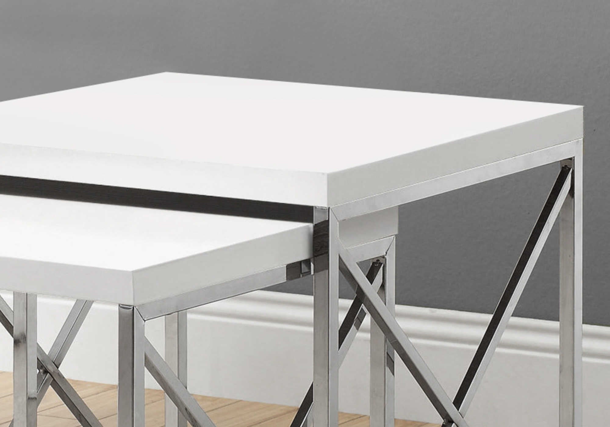 TABLE GIGOGNE - ENSEMBLE DE 2 PIÈCES / BLANC BRILLANT / MÉTAL CHROME # I 3025