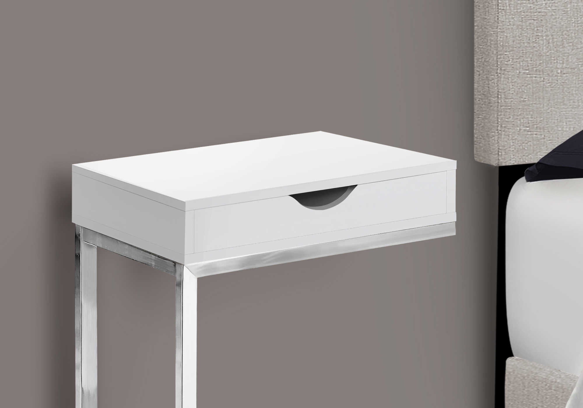 NIGHTSTAND - CHROME METAL / GLOSSY WHITE WITH A DRAWER #I 3031