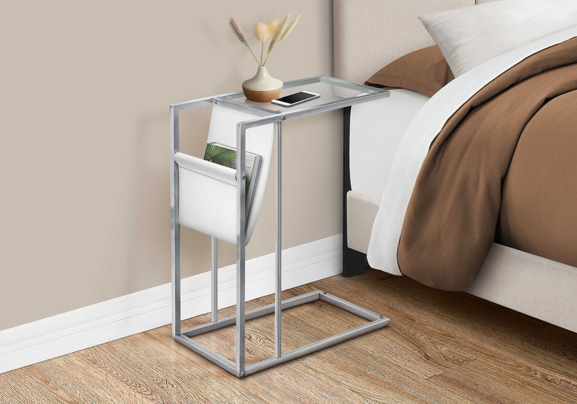 NIGHTSTAND - WHITE / CHROME METAL WITH A MAGAZINE RACK #I 3034