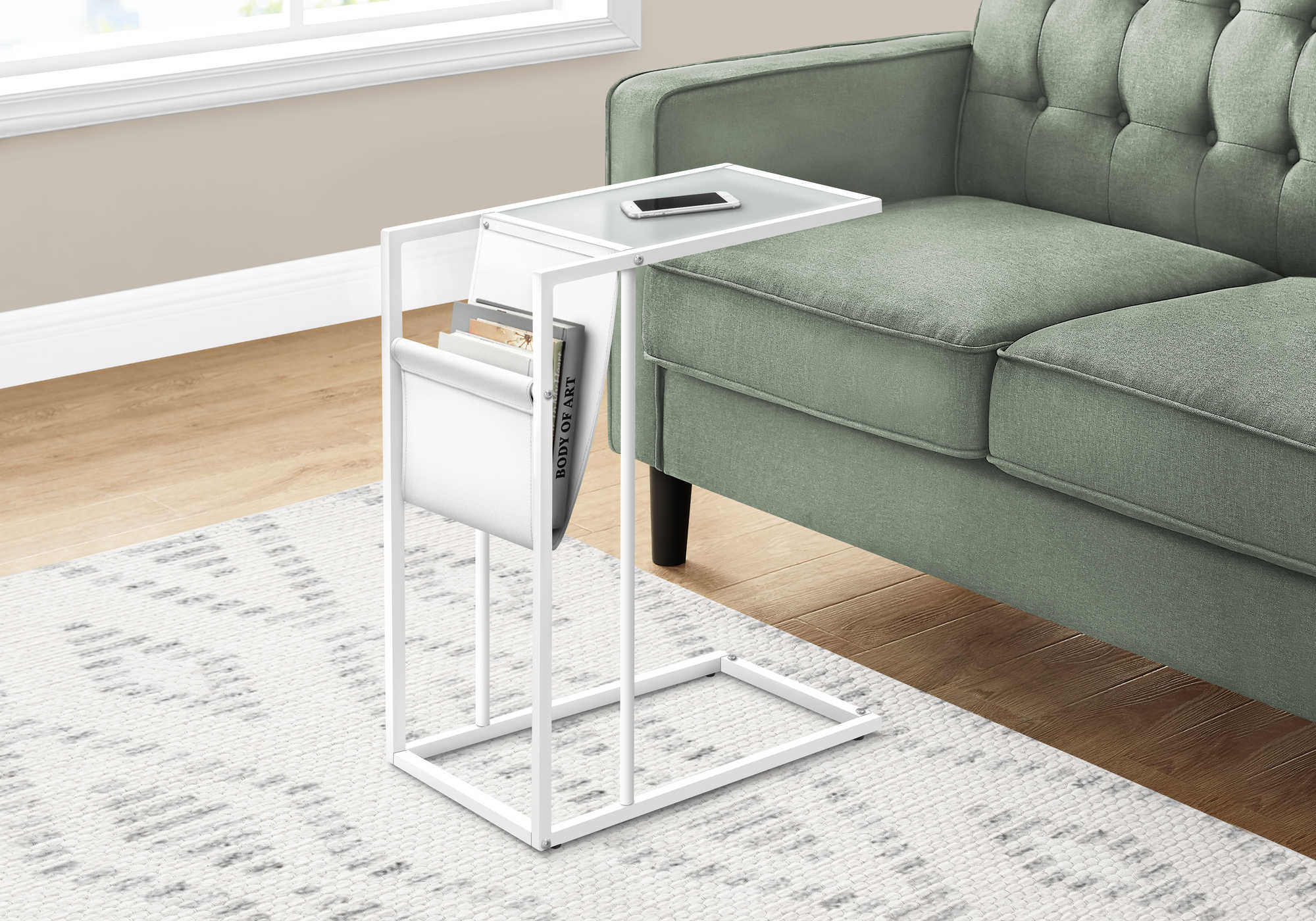 NIGHTSTAND - WHITE / WHITE METAL WITH A MAGAZINE RACK #I 3067