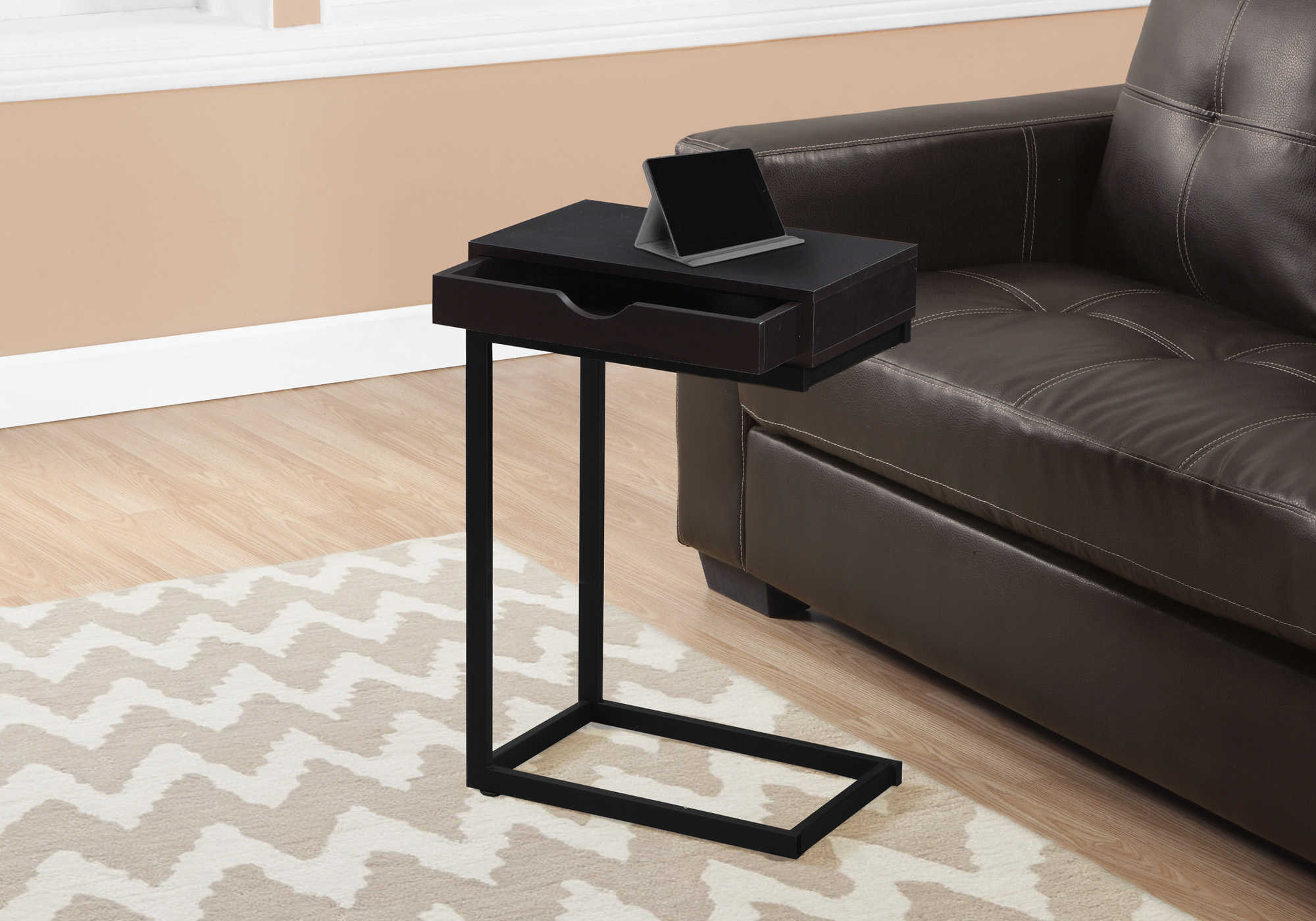 ACCENT TABLE - ESPRESSO / BLACK METAL WITH A DRAWER #I 3069