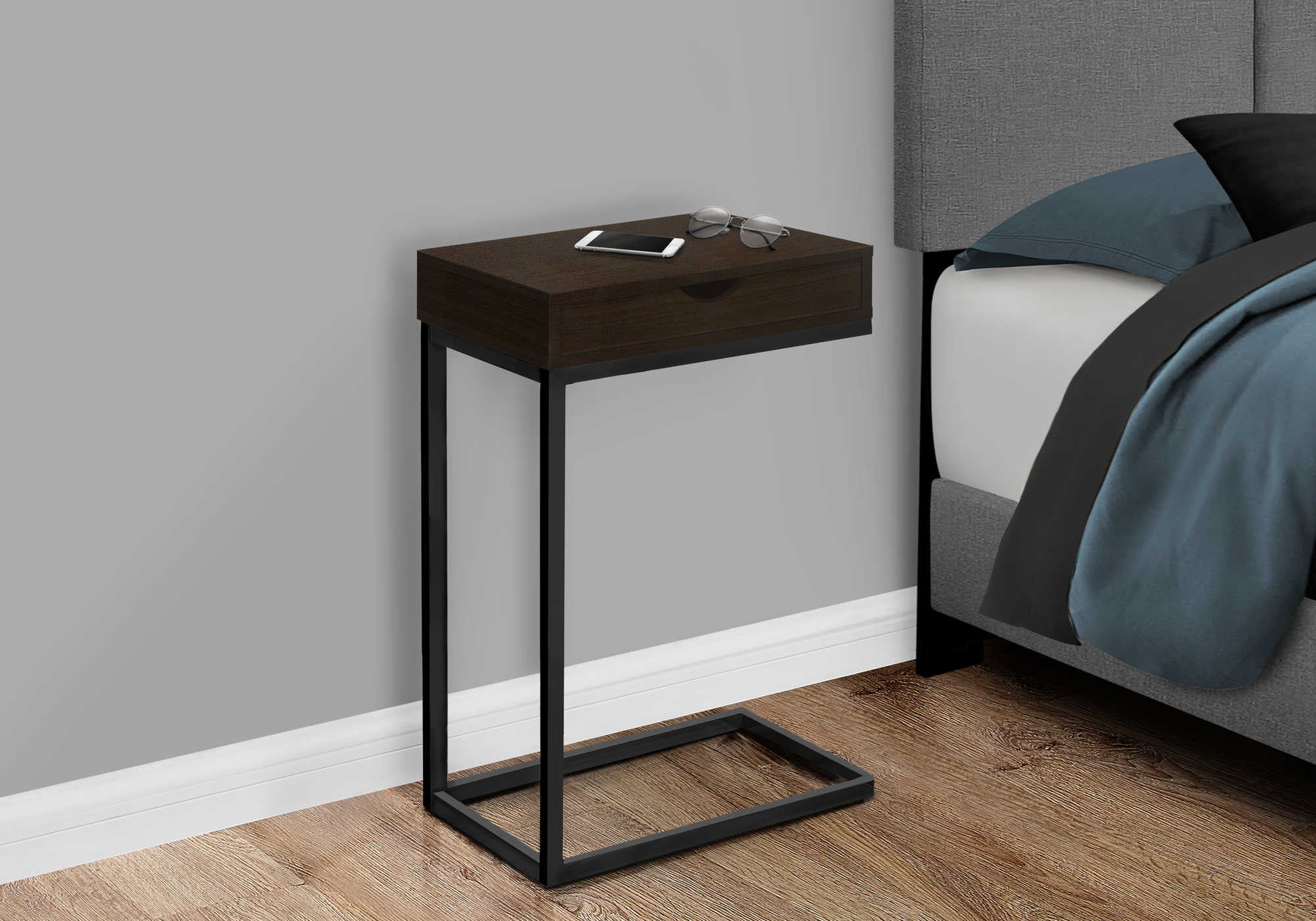 NIGHTSTAND - ESPRESSO / BLACK METAL WITH A DRAWER #I 3069