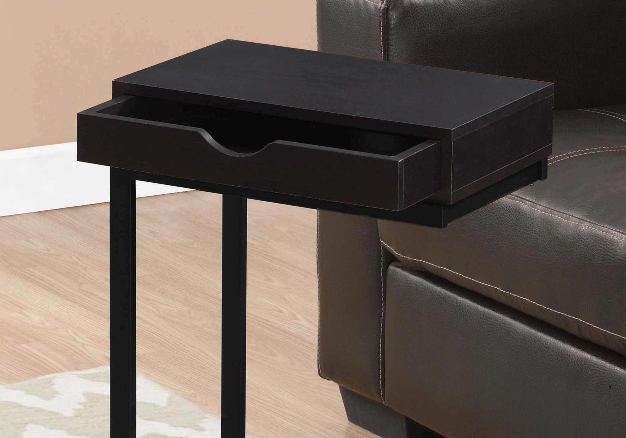 ACCENT TABLE - ESPRESSO / BLACK METAL WITH A DRAWER #I 3069