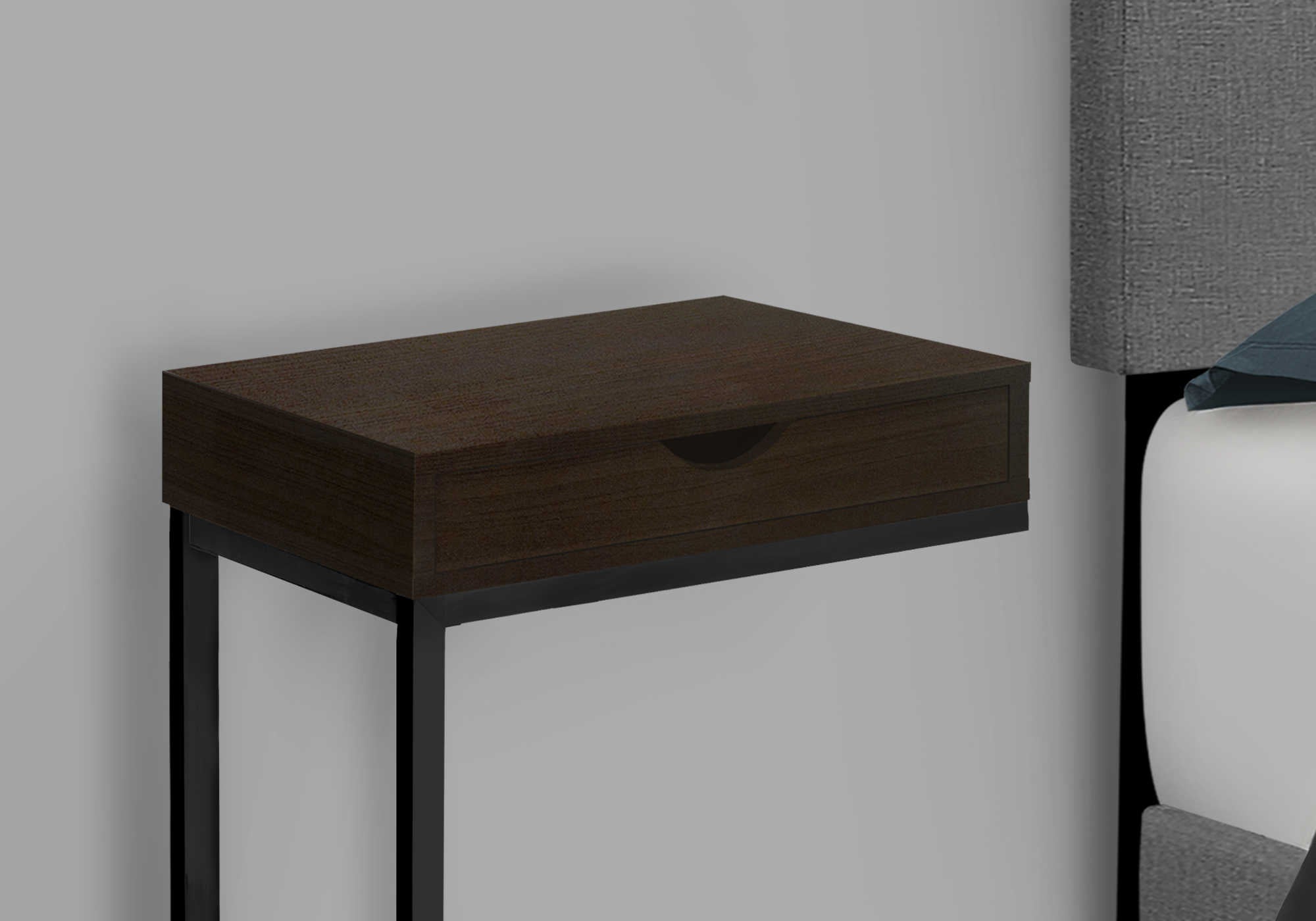 ACCENT TABLE - ESPRESSO / BLACK METAL WITH A DRAWER #I 3069