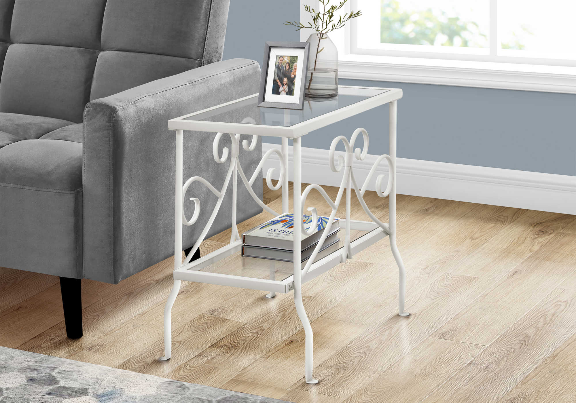 NIGHTSTAND - WHITE METAL WITH TEMPERED GLASS #I 3105