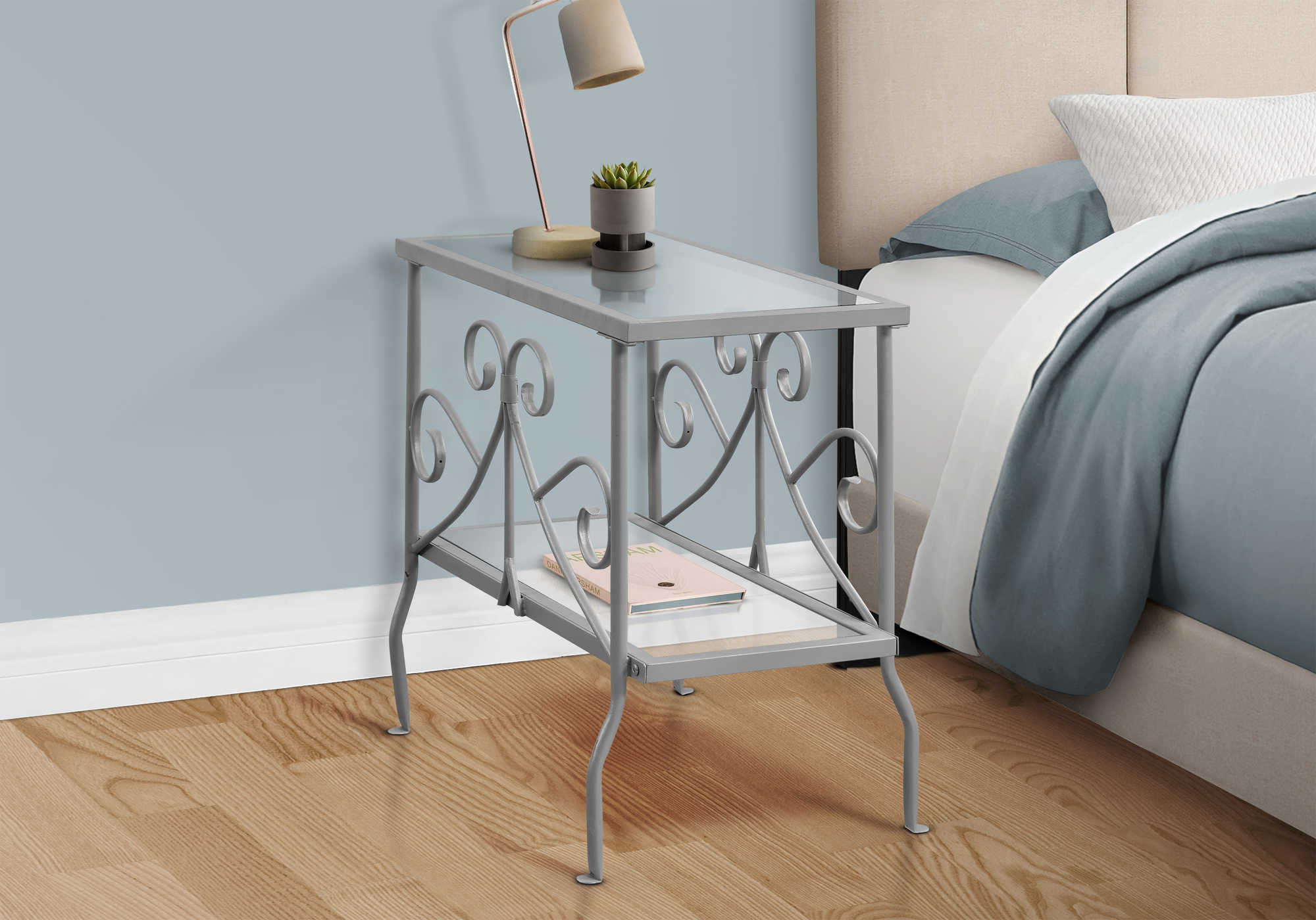 NIGHTSTAND - SILVER METAL WITH TEMPERED GLASS #I 3106