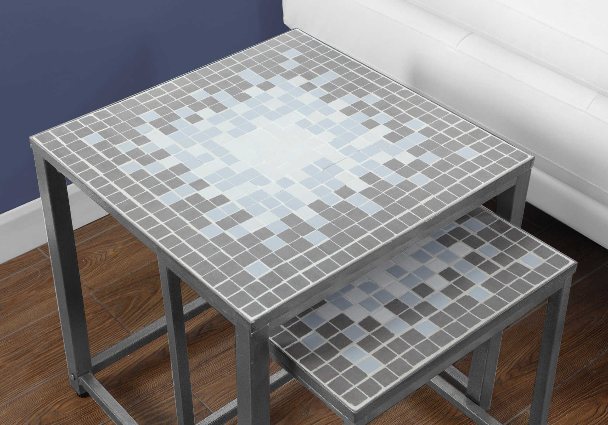 NESTING TABLE - 2PCS SET / GREY / BLUE TILE TOP / SILVER # I 3141