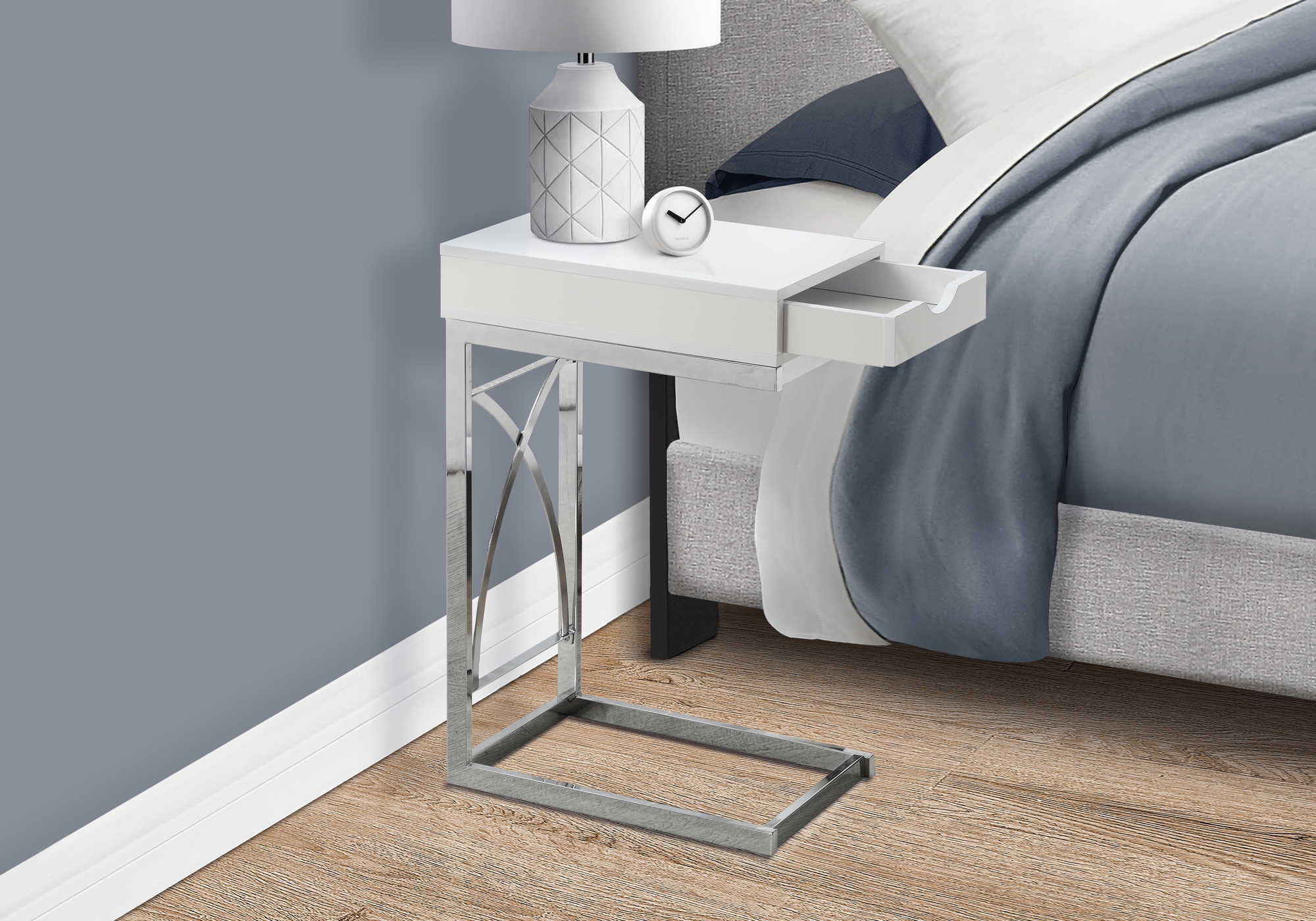 NIGHTSTAND - CHROME METAL / GLOSSY WHITE WITH A DRAWER #I 3170