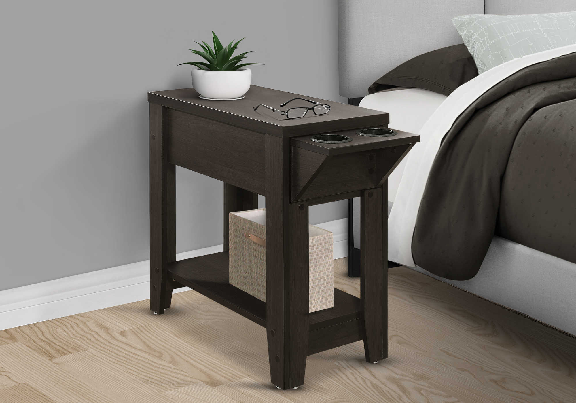 NIGHTSTAND - 23"H / ESPRESSO WITH A GLASS HOLDER #I 3197