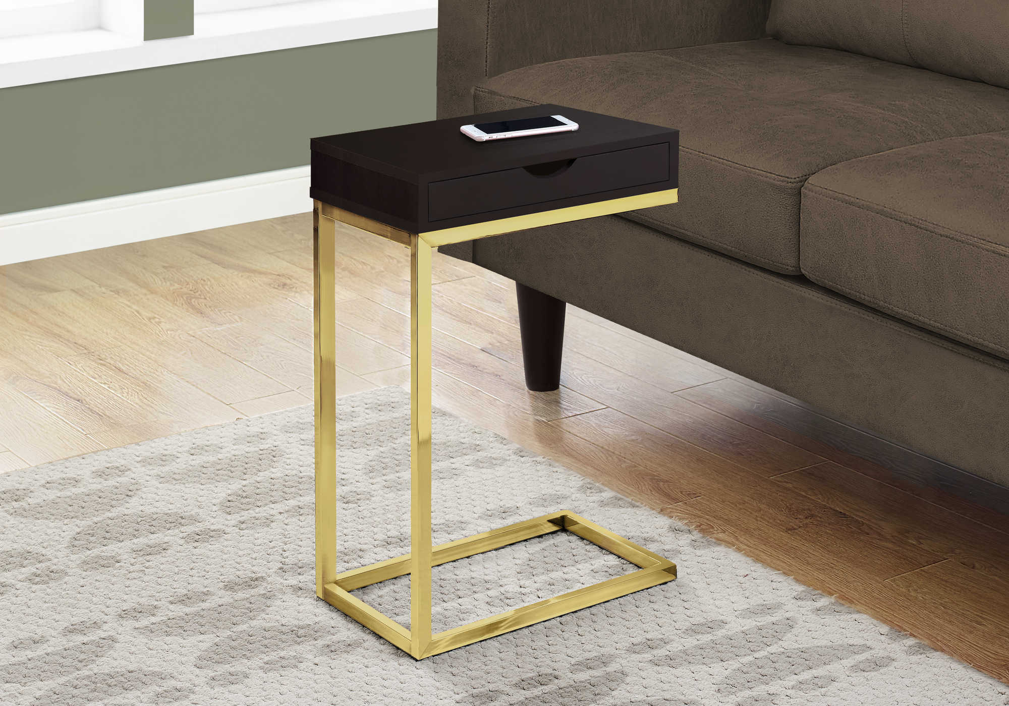 NIGHTSTAND - ESPRESSO / GOLD METAL WITH A DRAWER #I 3236