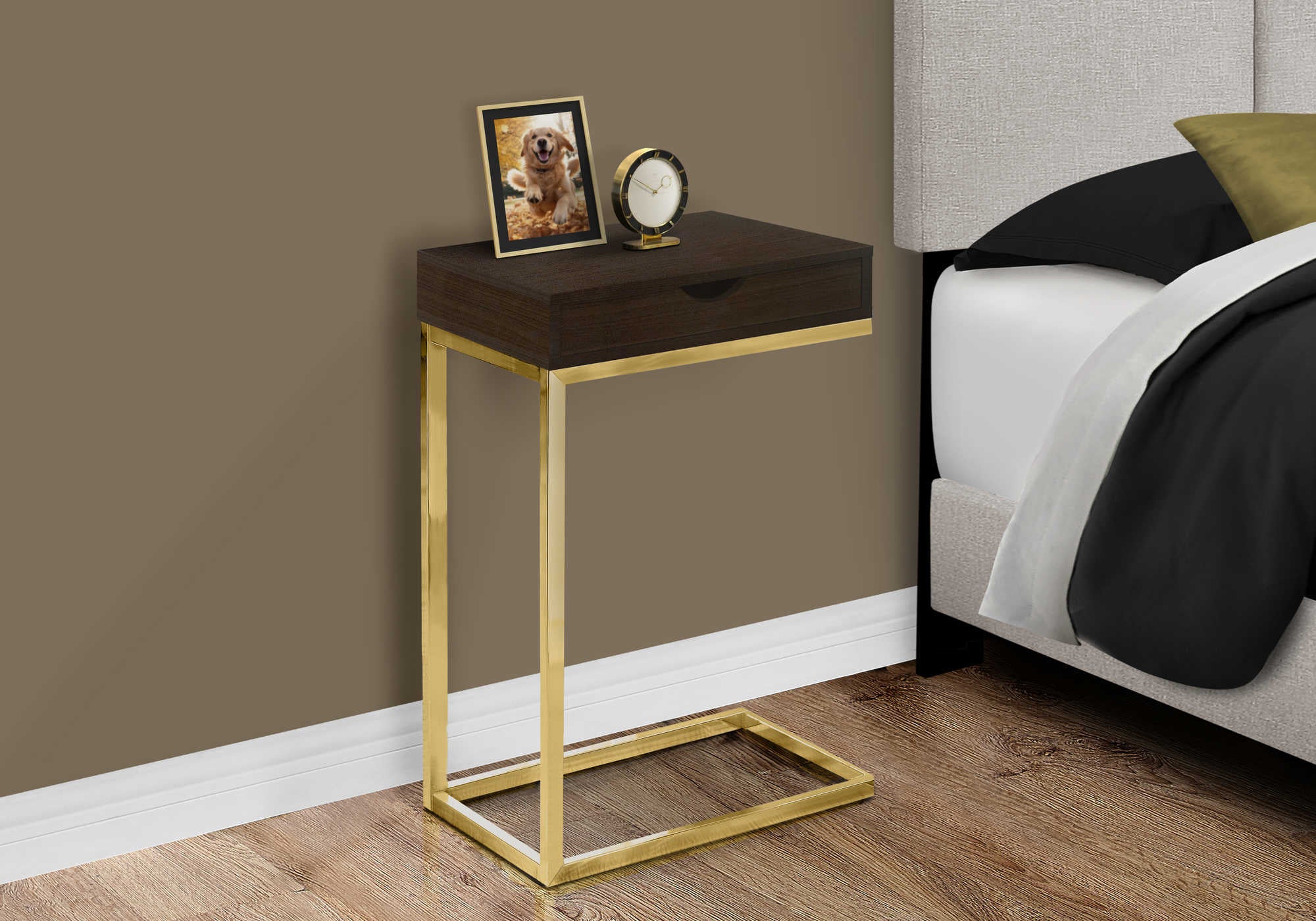 NIGHTSTAND - ESPRESSO / GOLD METAL WITH A DRAWER #I 3236