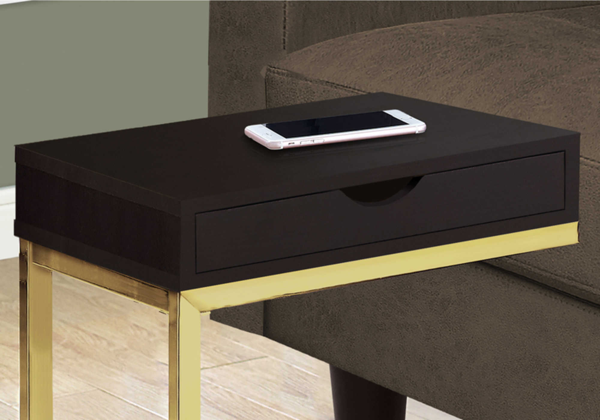 NIGHTSTAND - ESPRESSO / GOLD METAL WITH A DRAWER #I 3236