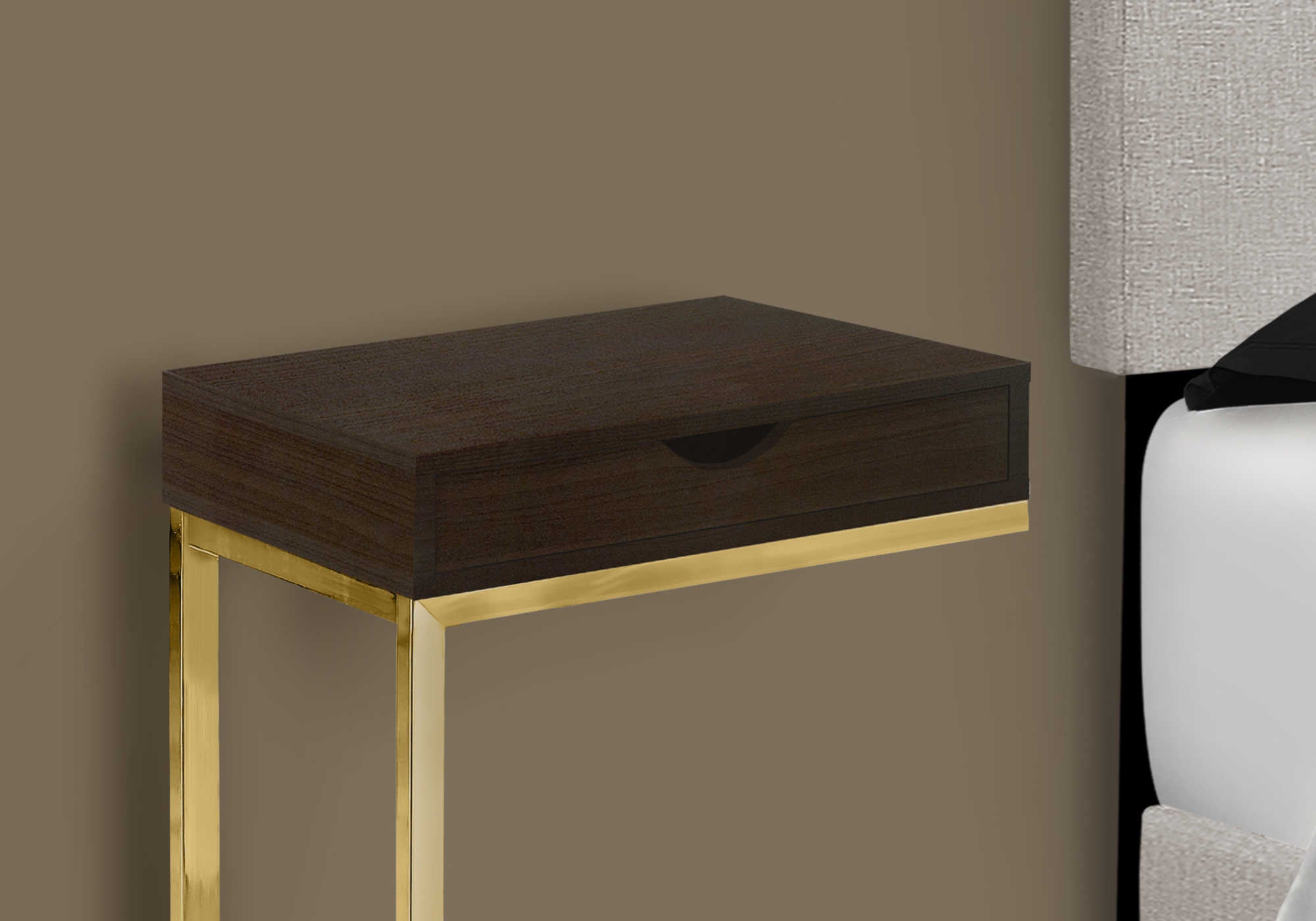 NIGHTSTAND - ESPRESSO / GOLD METAL WITH A DRAWER #I 3236