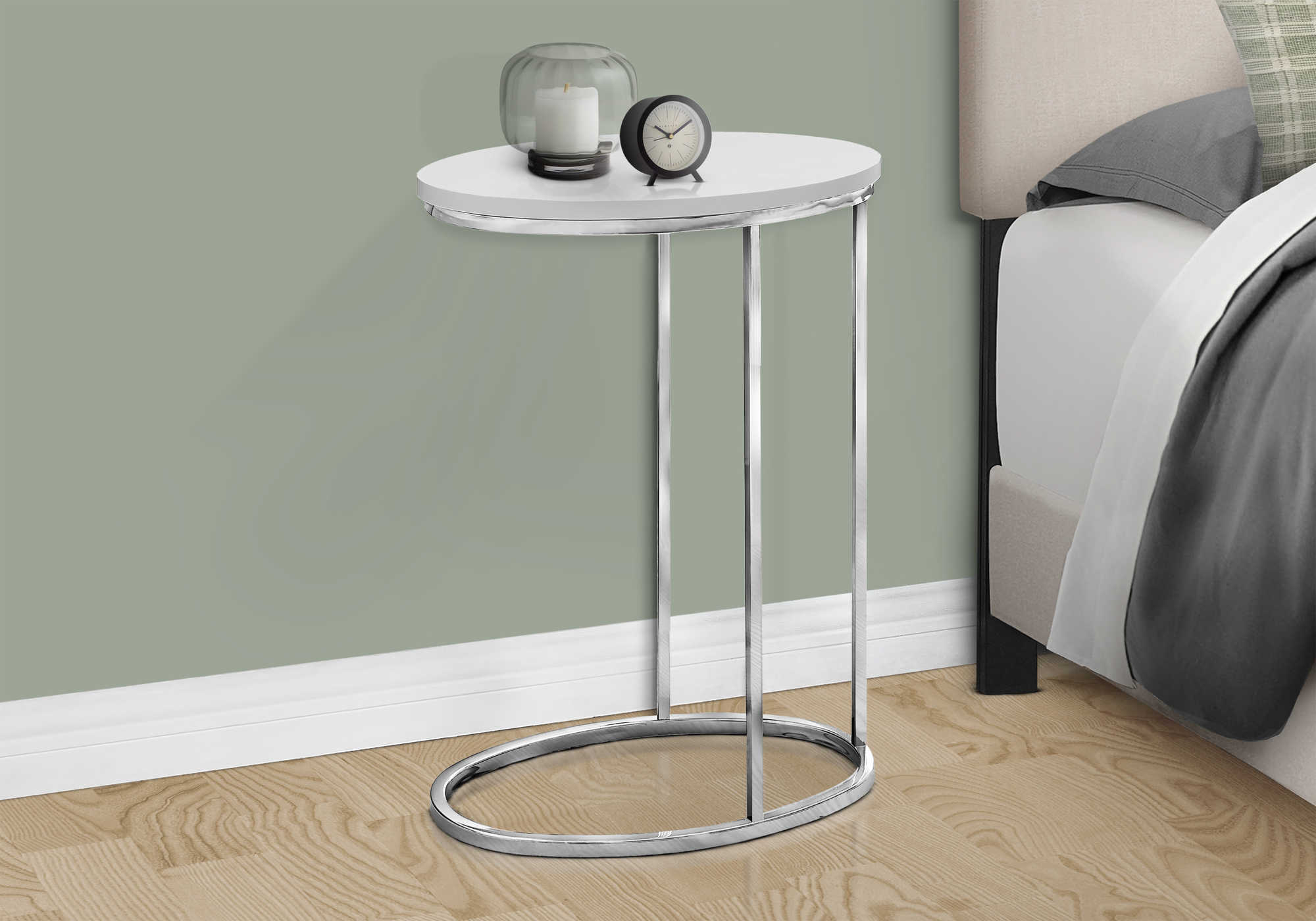 NIGHTSTAND - OVAL / GLOSSY WHITE WITH CHROME METAL #I 3246